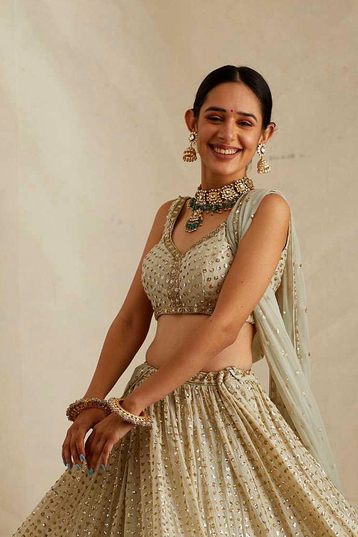 Mint Chanderi Heavy Sitara Work Lehenga Set
