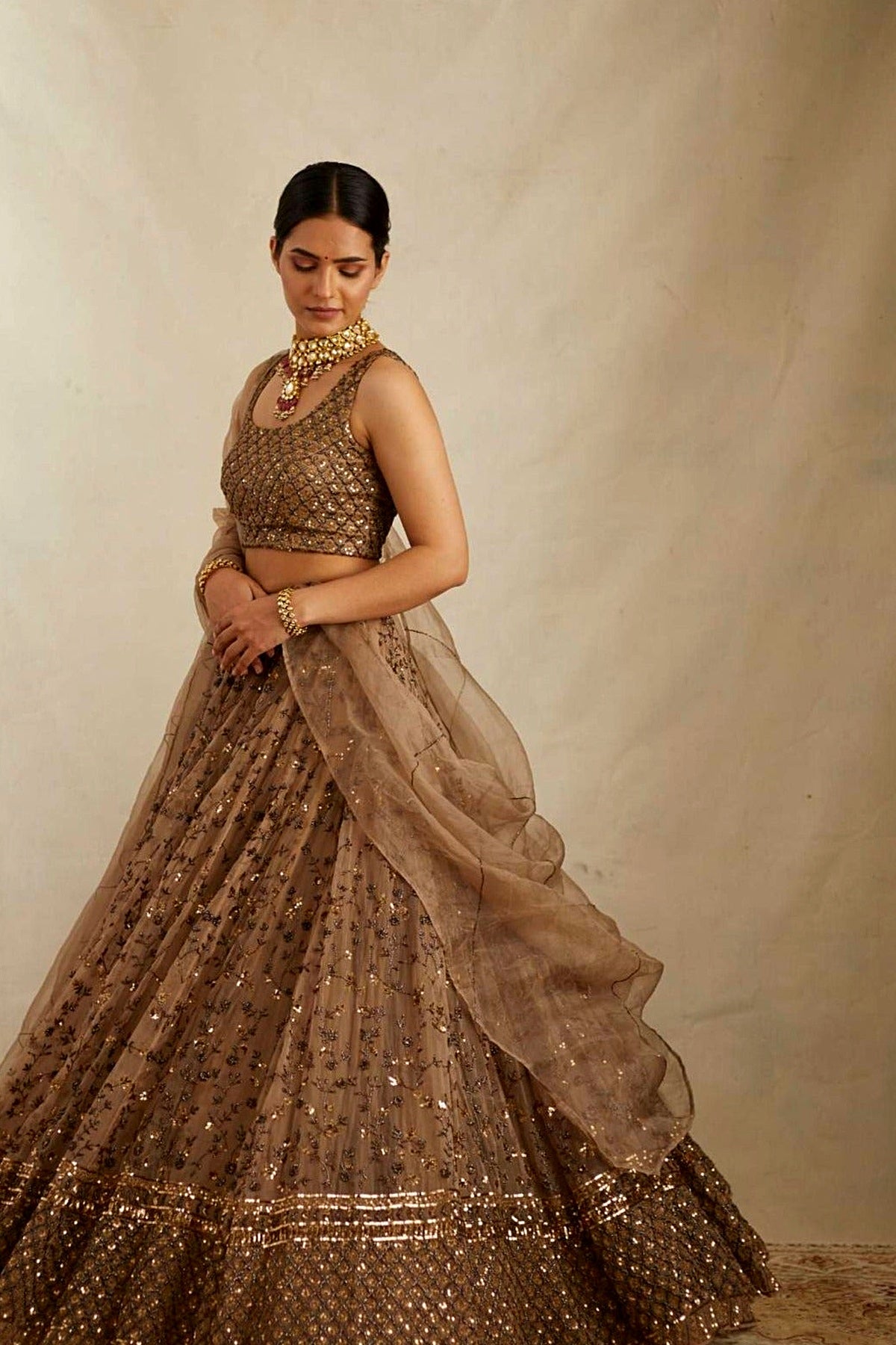 Brown Jaal Work Organza Lehenga Set