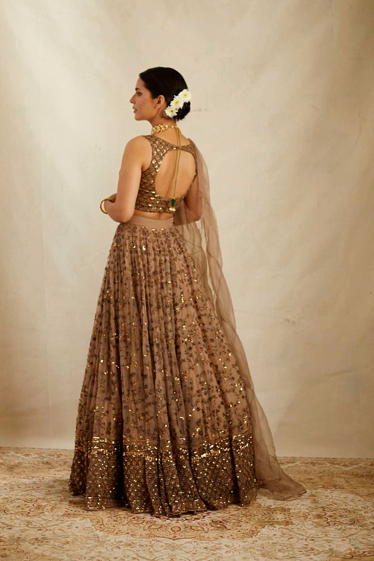 Brown Jaal Work Organza Lehenga Set