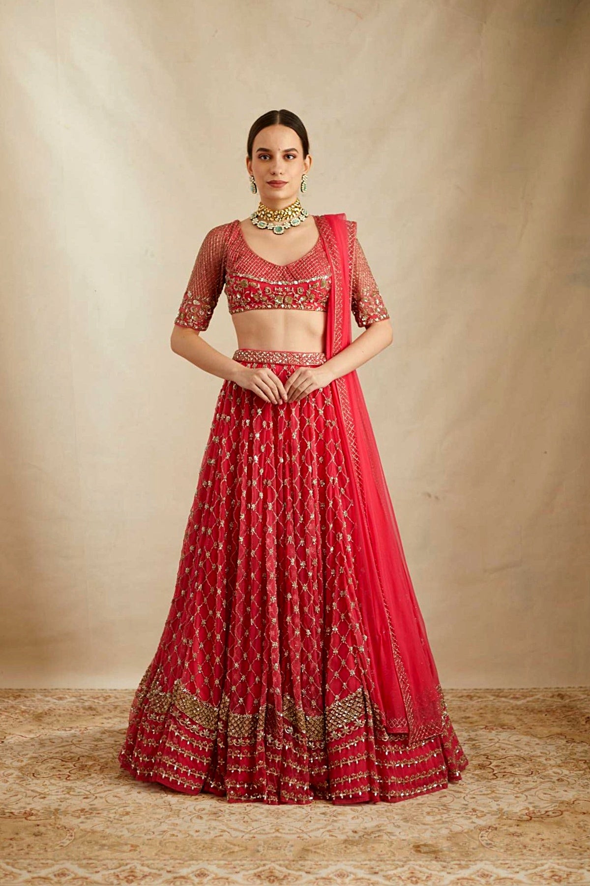 Caramine Pink Heavy Jaal Work Lehenga Set