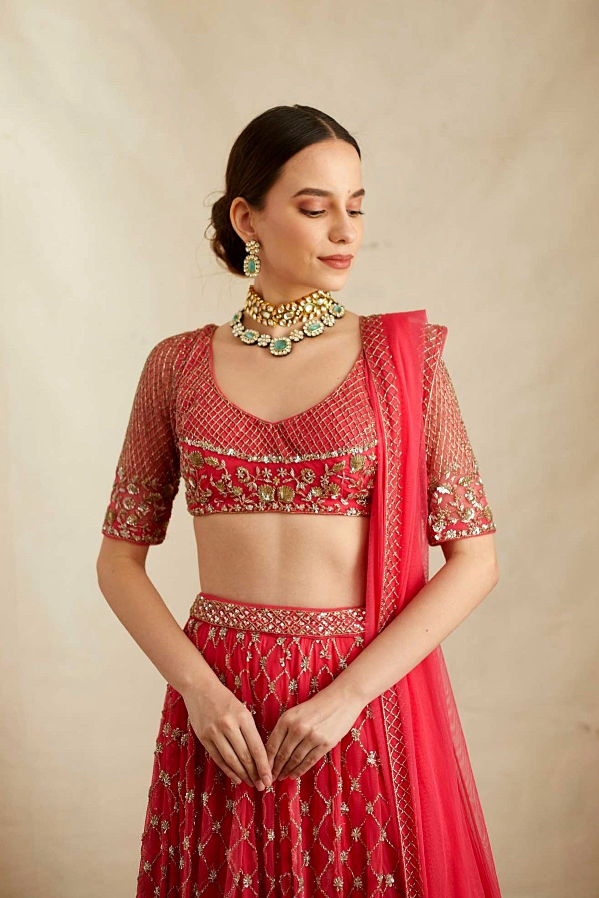 Caramine Pink Heavy Jaal Work Lehenga Set