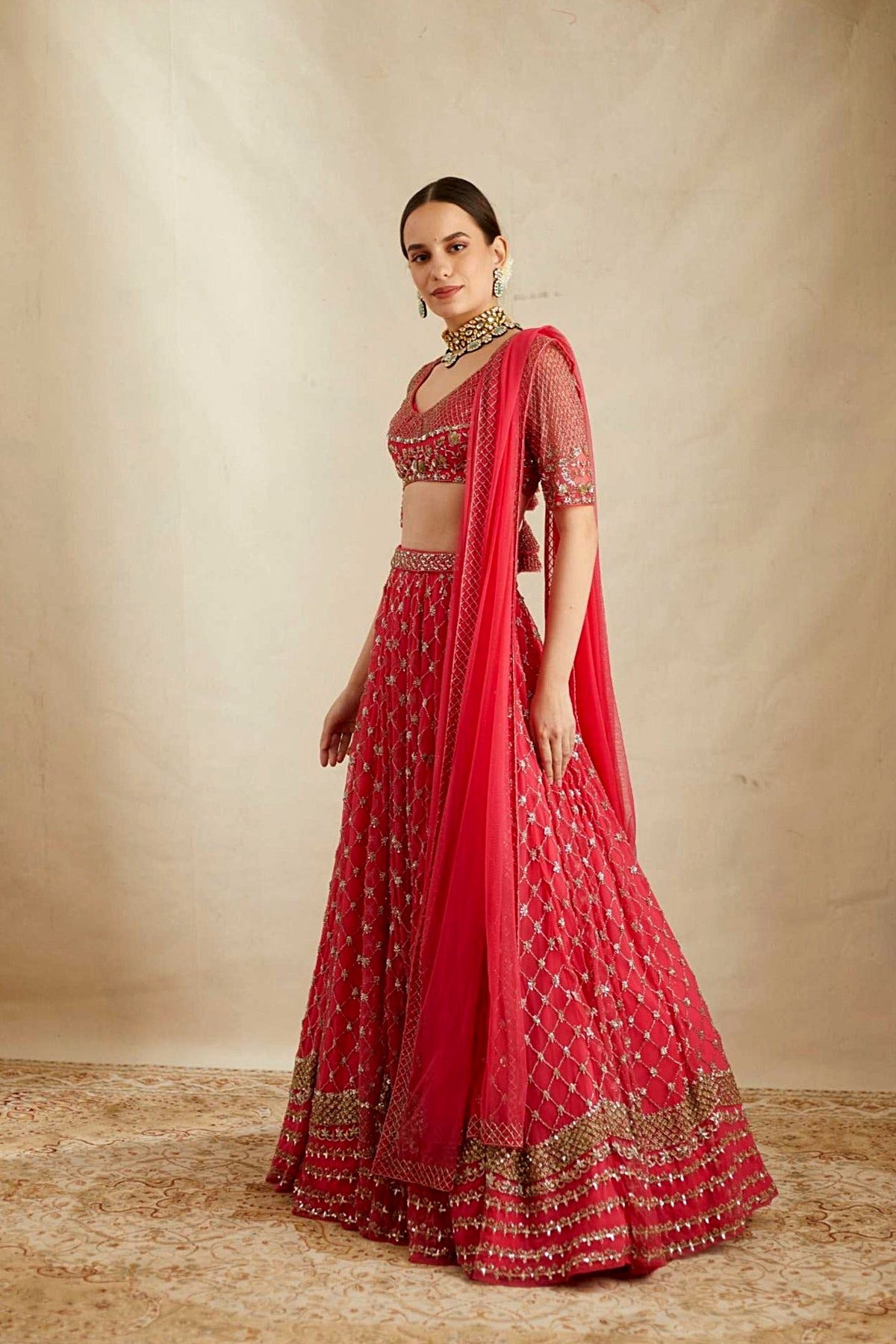 Caramine Pink Heavy Jaal Work Lehenga Set