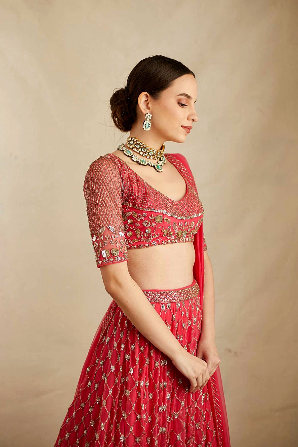 Caramine Pink Heavy Jaal Work Lehenga Set
