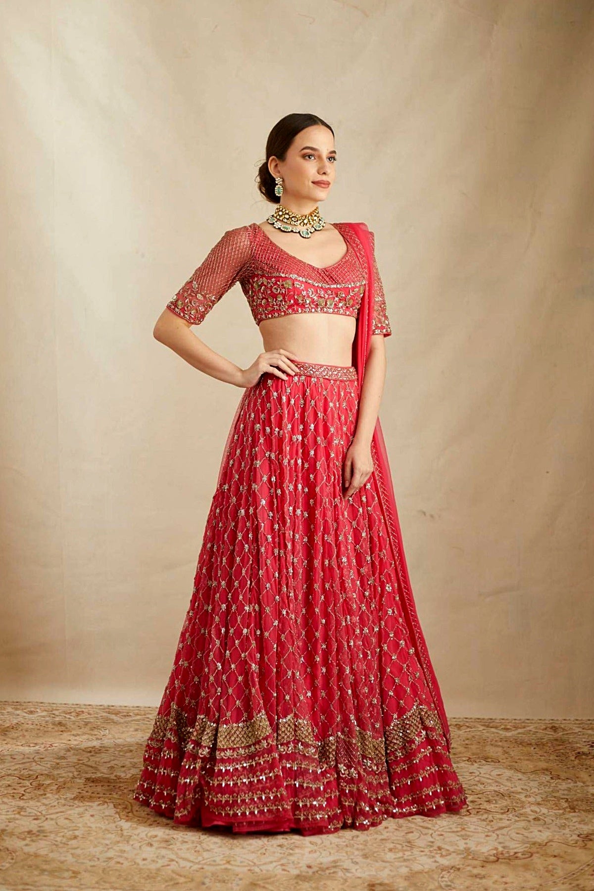 Caramine Pink Heavy Jaal Work Lehenga Set