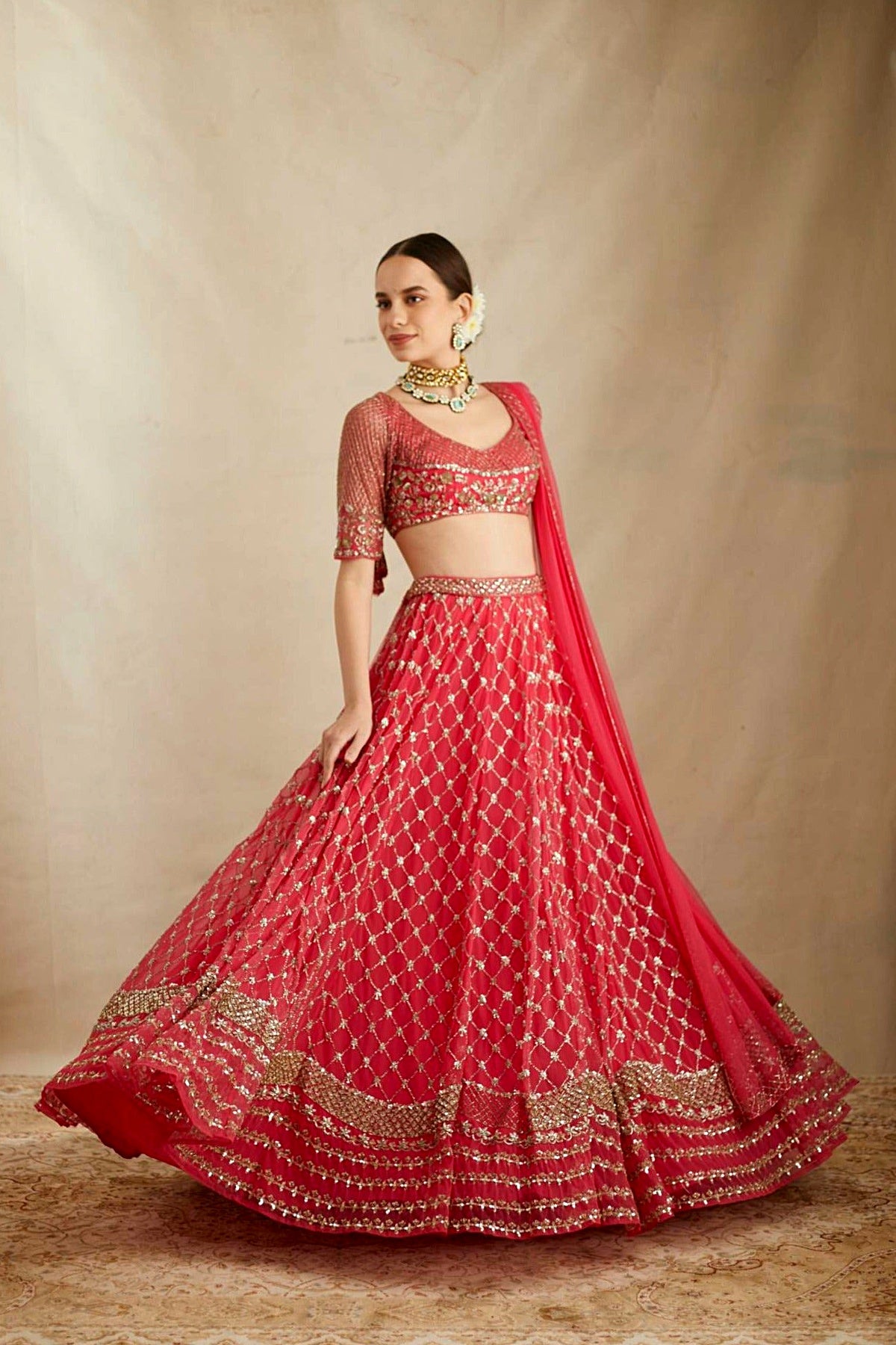 Caramine Pink Heavy Jaal Work Lehenga Set