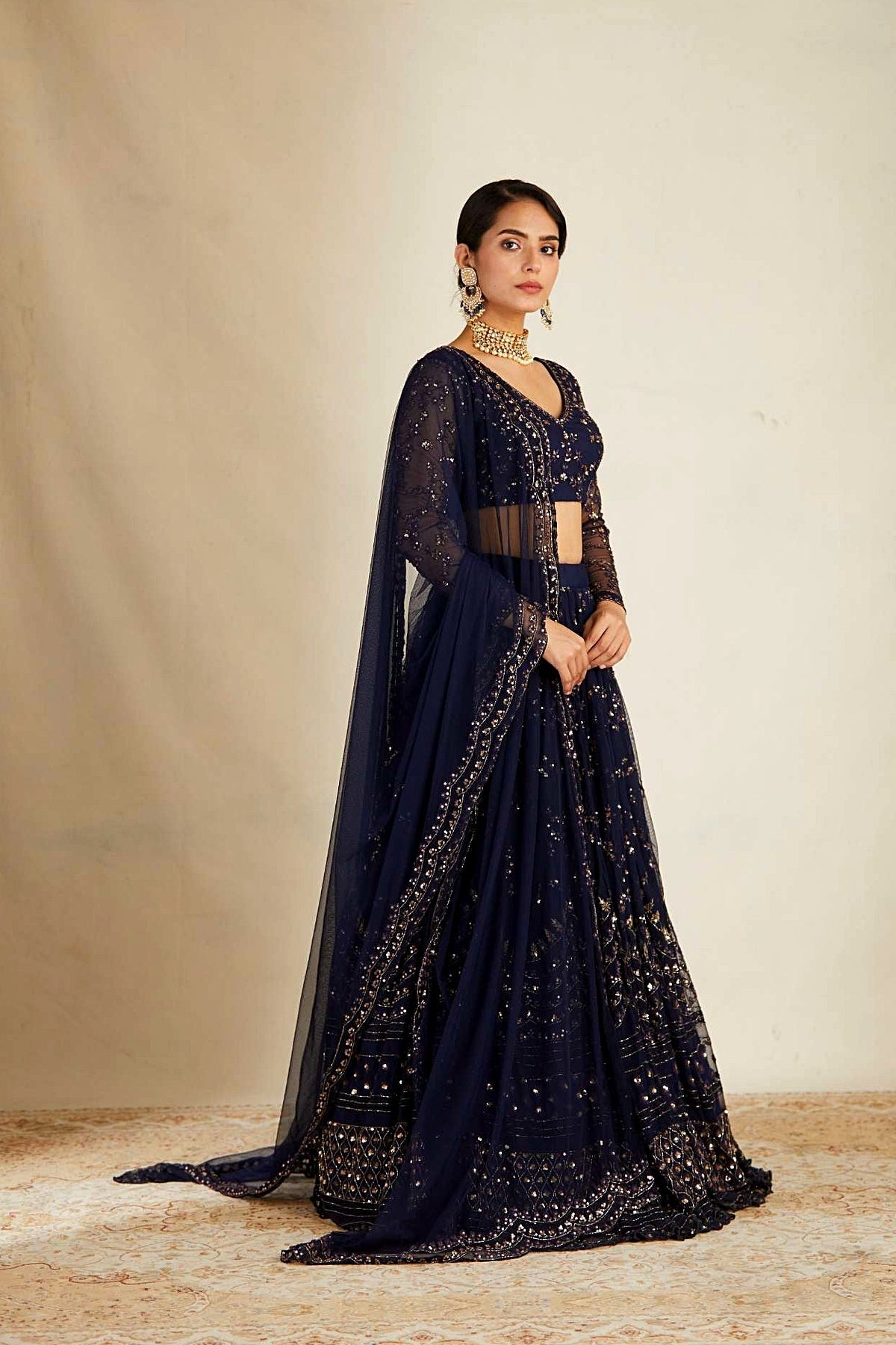 Navy Blue Heavy Double Border Lehenga Set