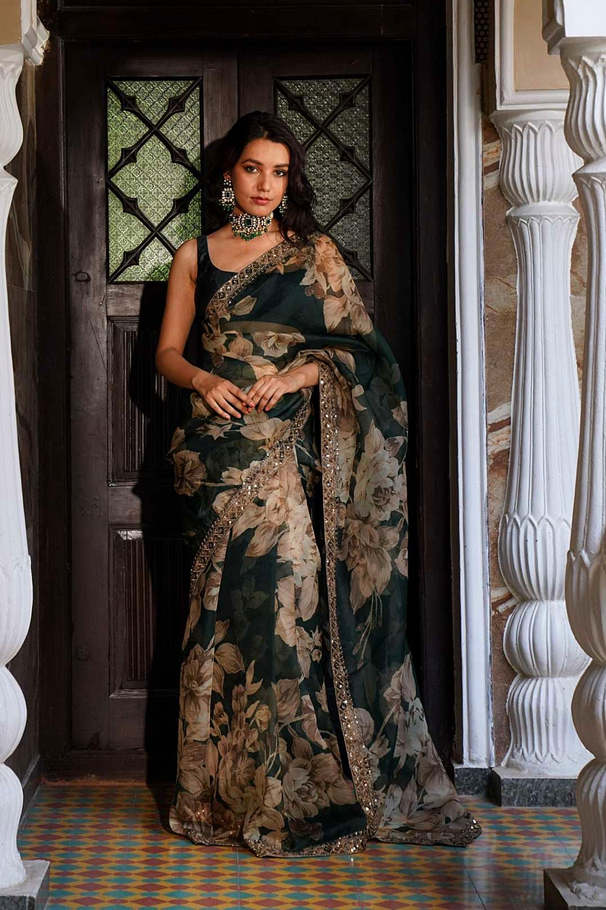 Bottle Green Floral Saree Set