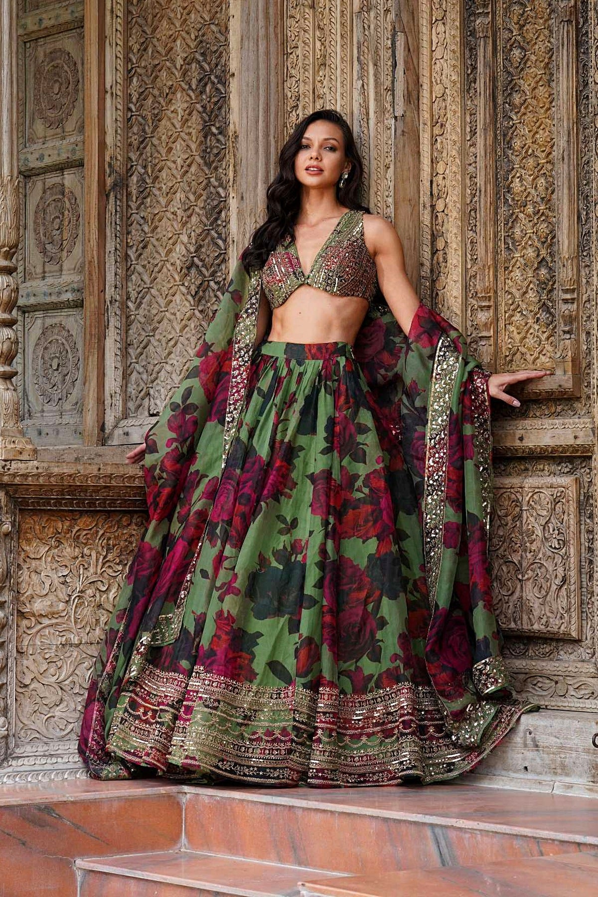 Mehendi Green Floral Lehenga Set