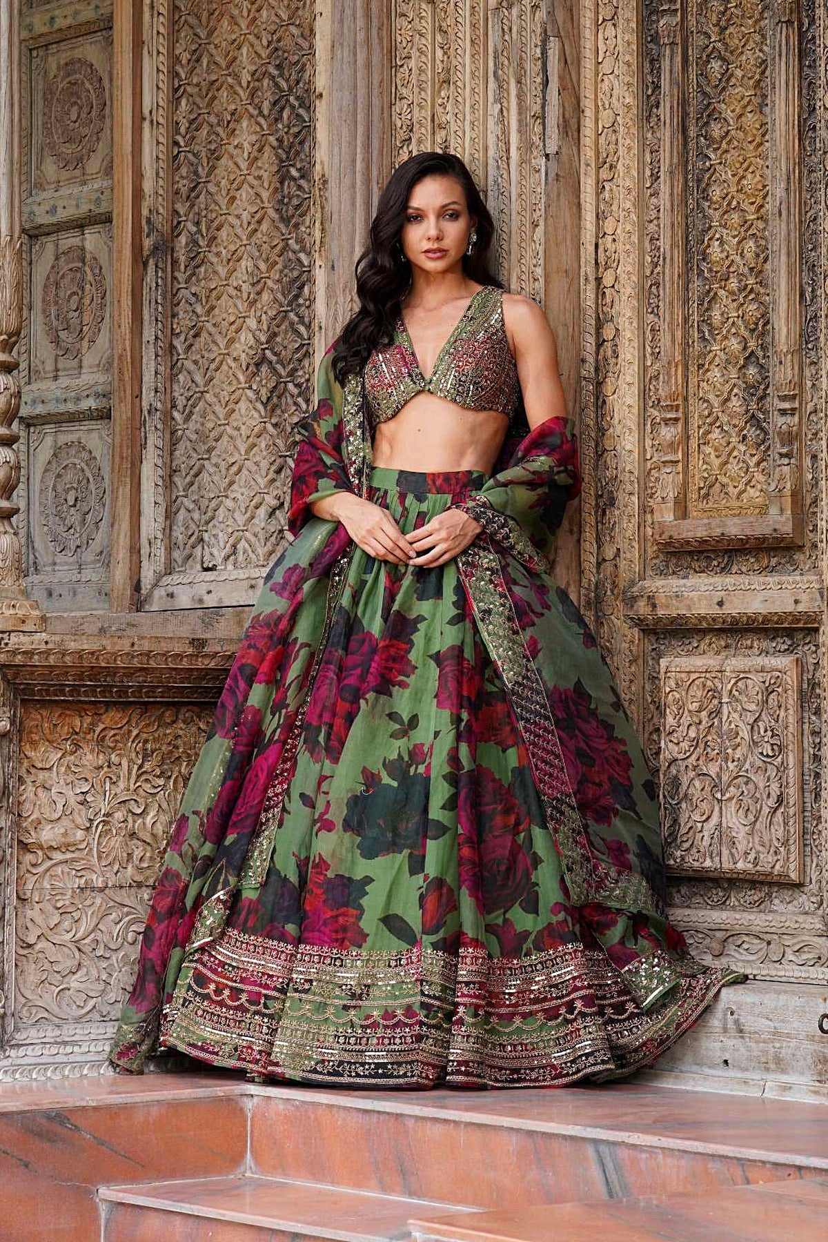 Mehendi Green Floral Lehenga Set