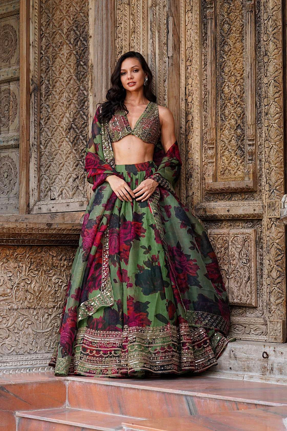 Mehendi Green Floral Lehenga Set