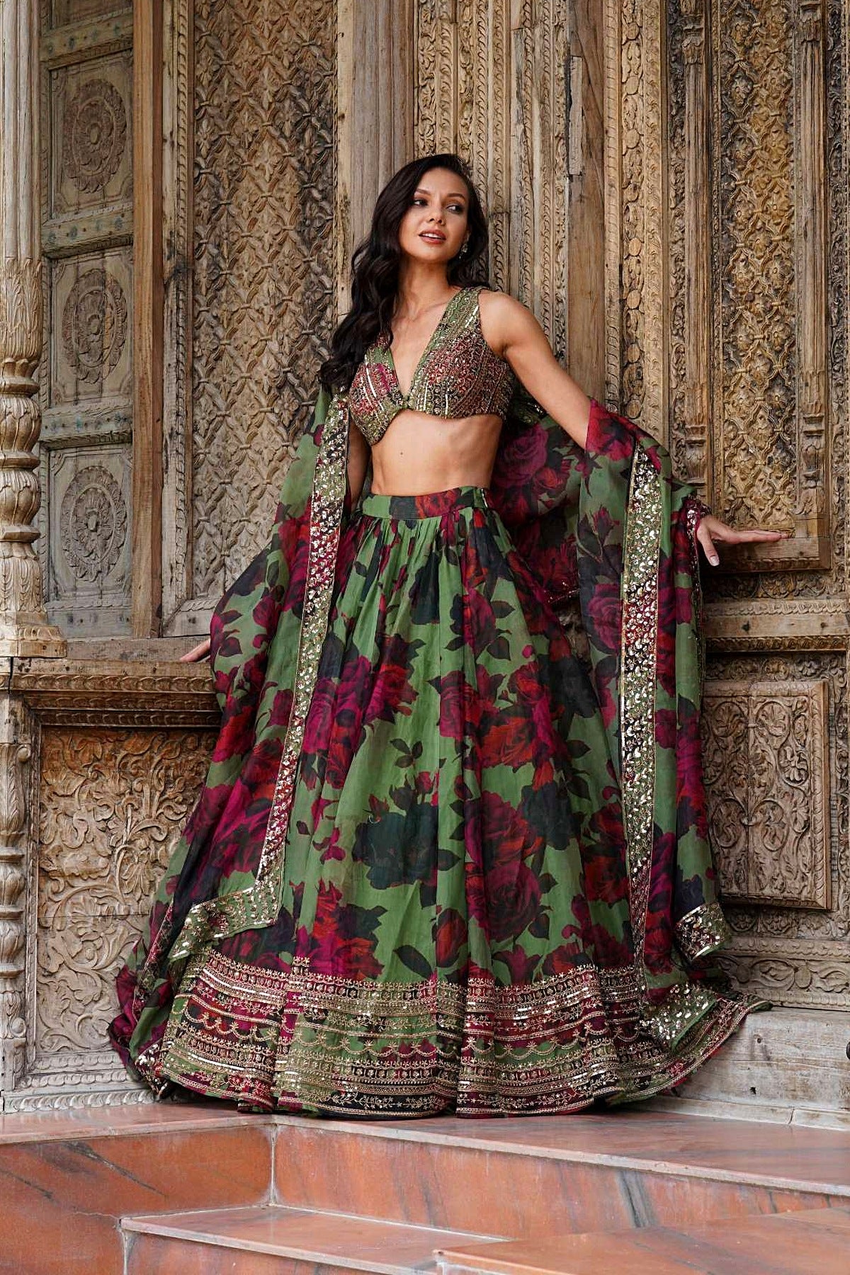 Mehendi Green Floral Lehenga Set