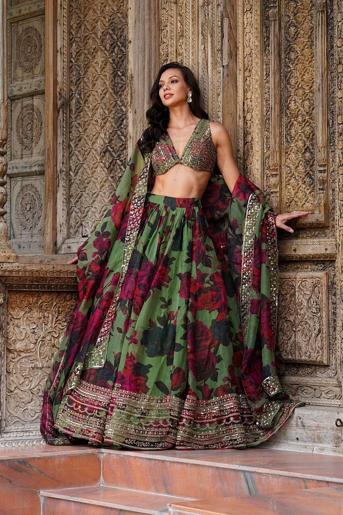 Mehendi Green Floral Lehenga Set