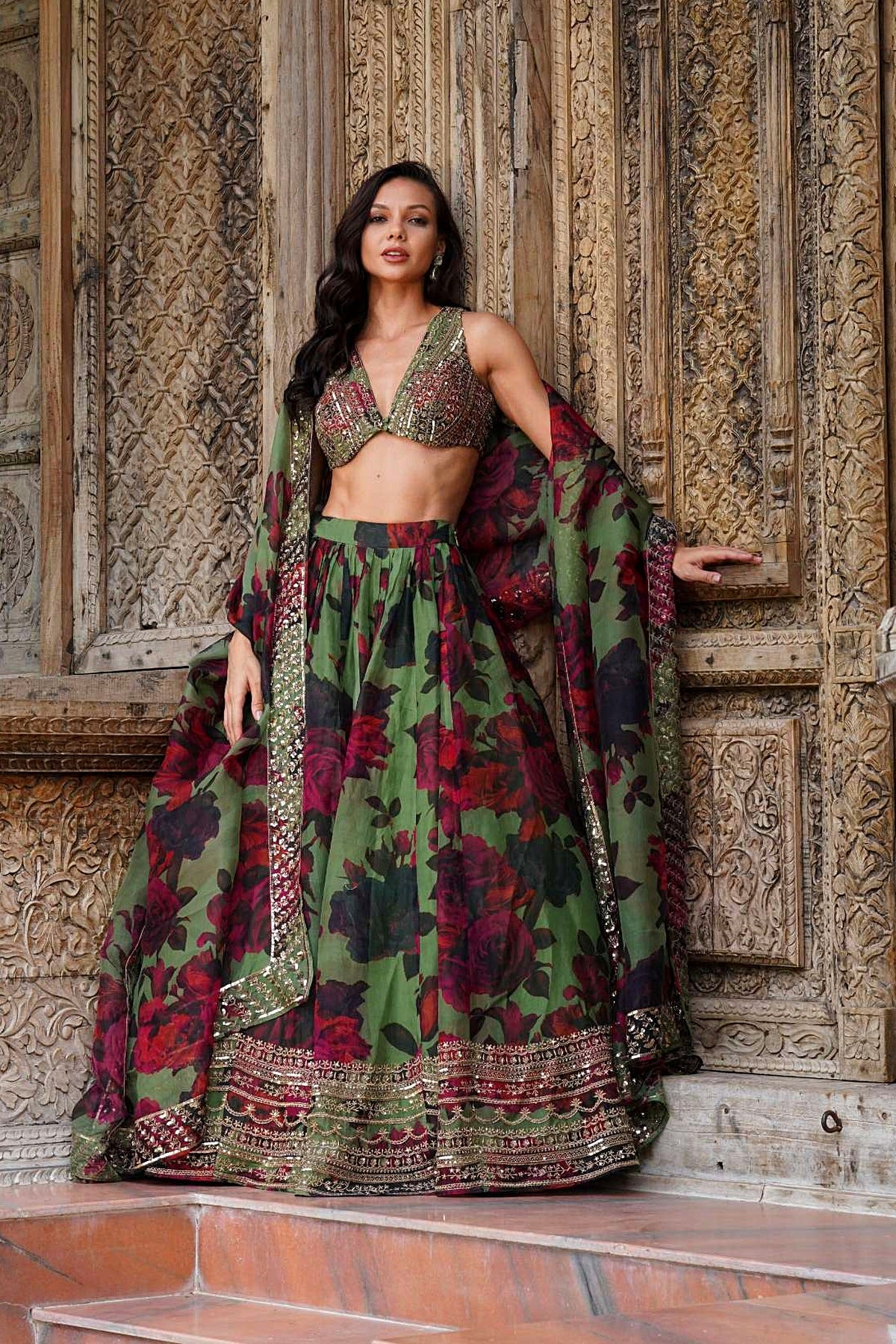Mehendi Green Floral Lehenga Set