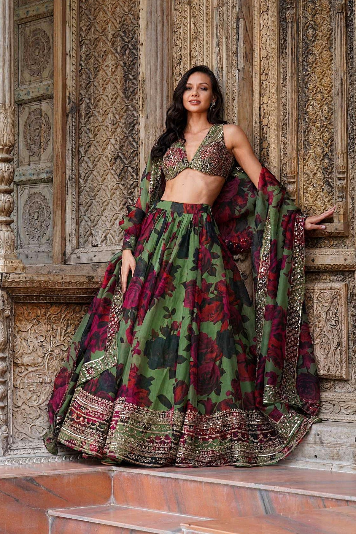 Mehendi Green Floral Lehenga Set