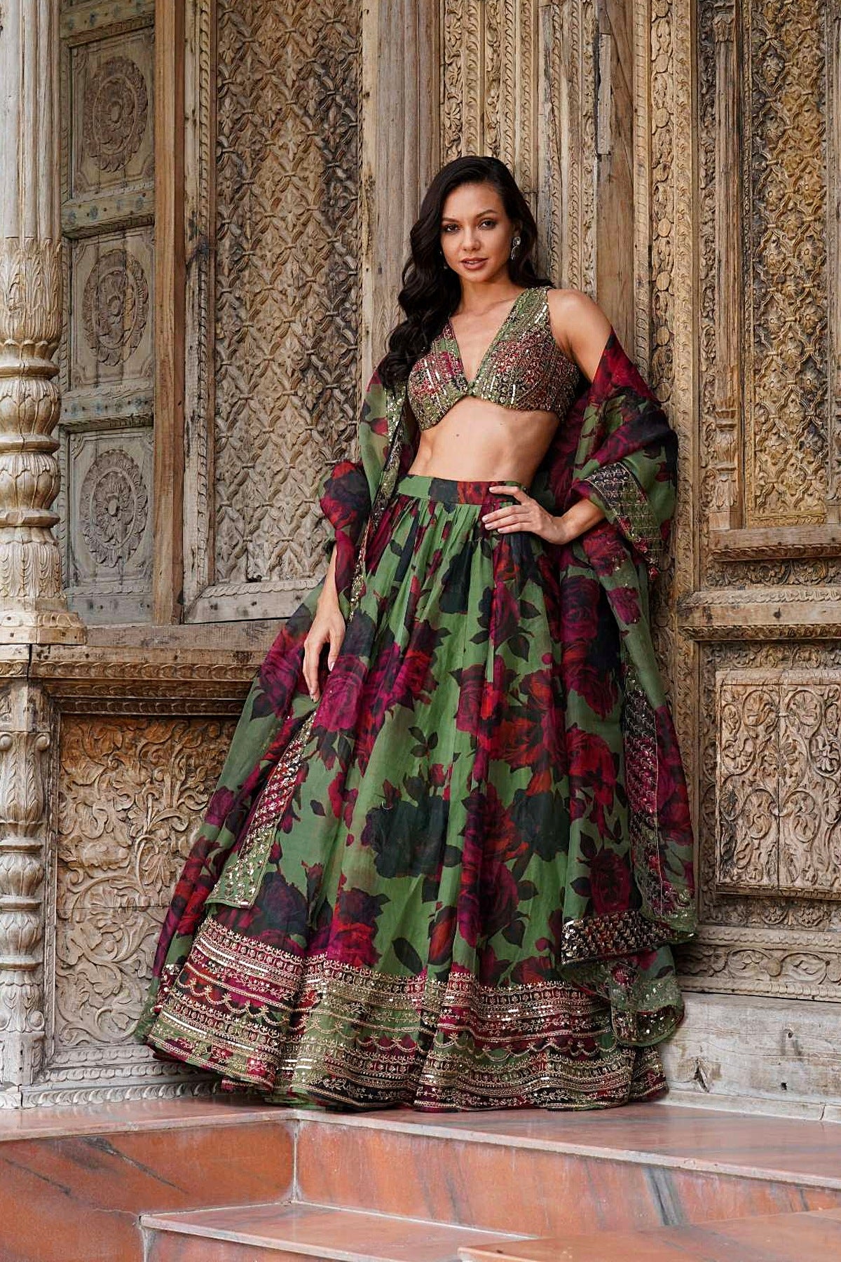 Mehendi Green Floral Lehenga Set