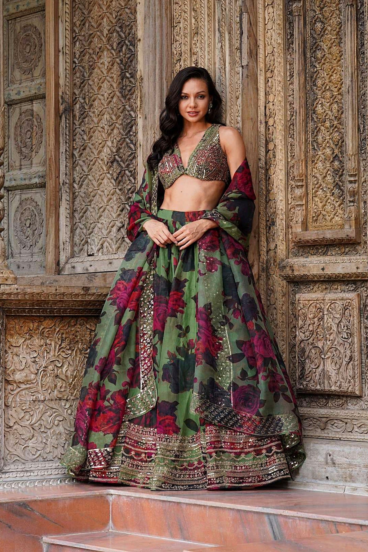 Mehendi Green Floral Lehenga Set