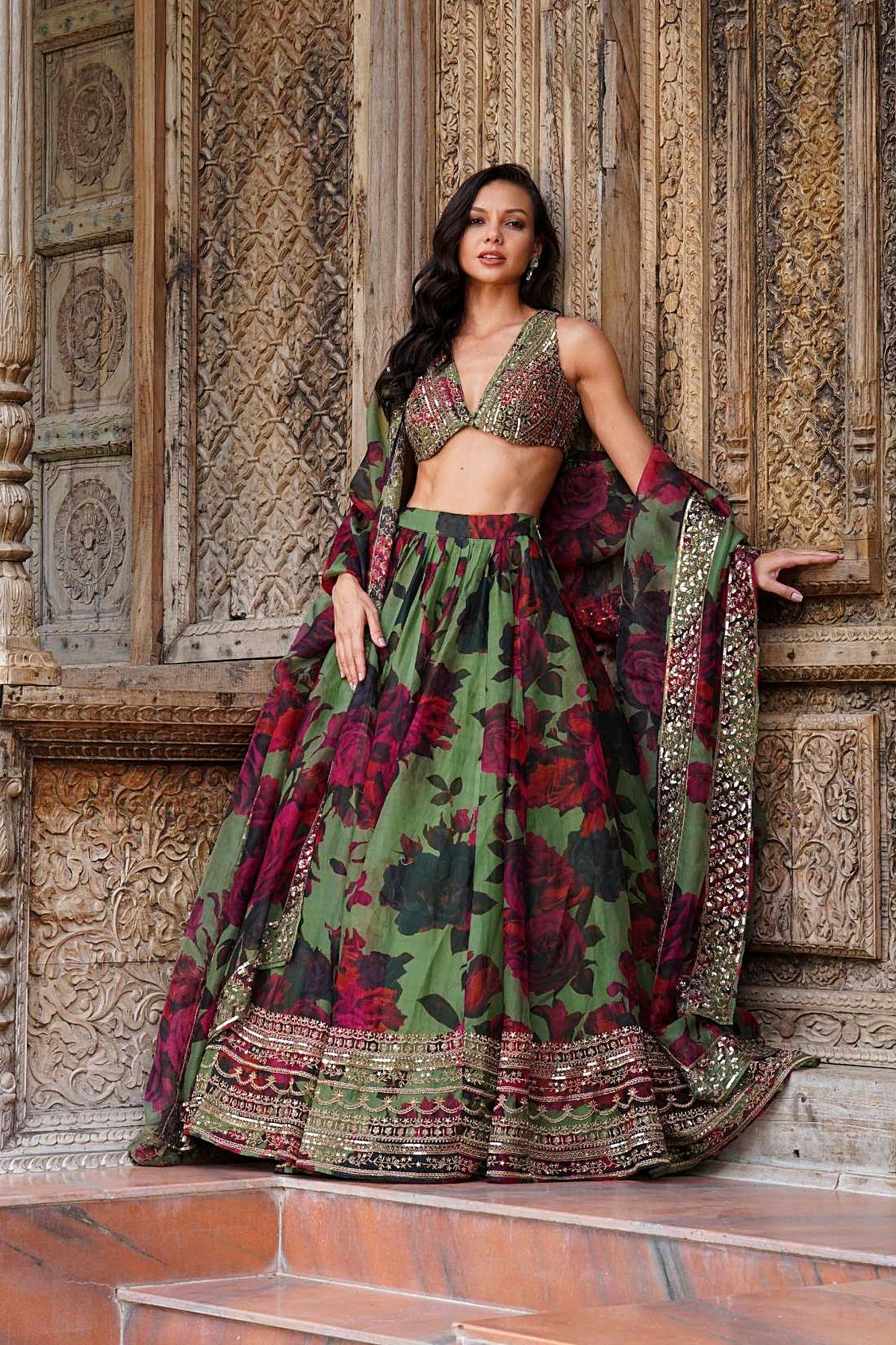 Mehendi Green Floral Lehenga Set
