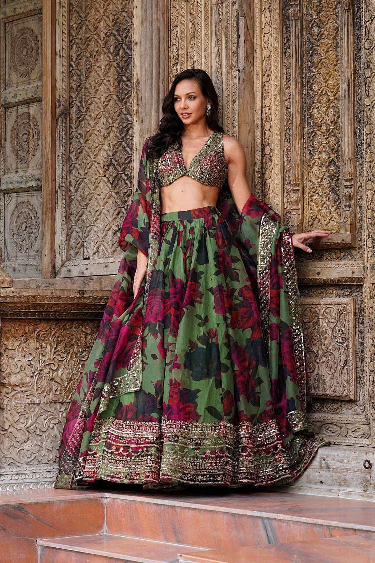 Mehendi Green Floral Lehenga Set