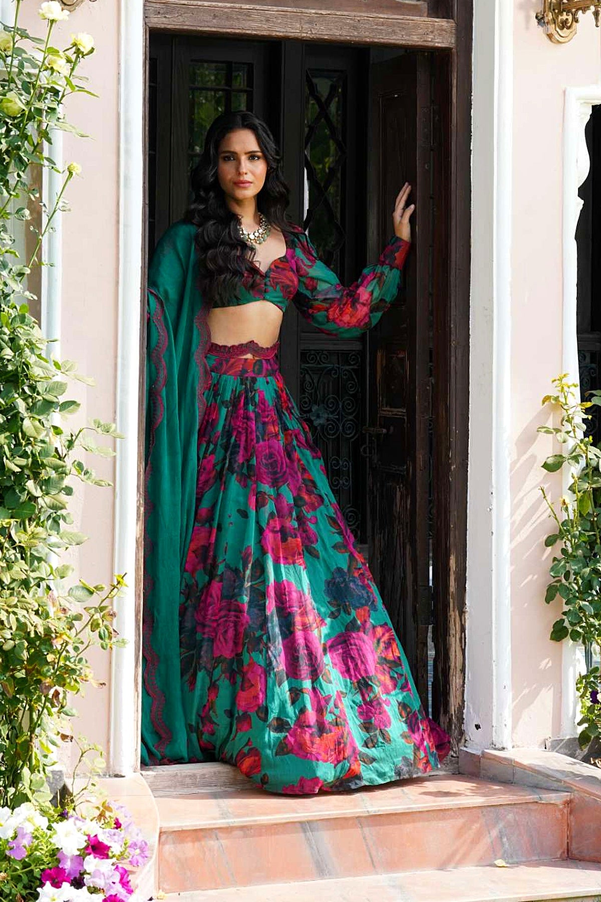 Teal Green Chiffon Floral Lehenga Set