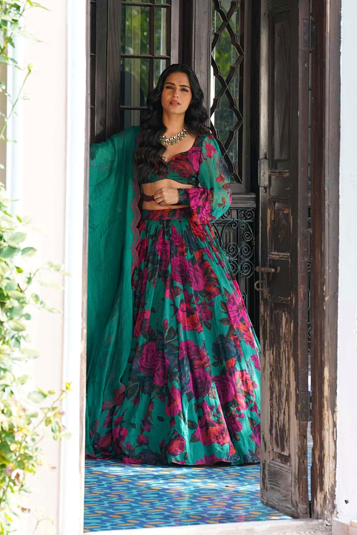 Teal Green Chiffon Floral Lehenga Set