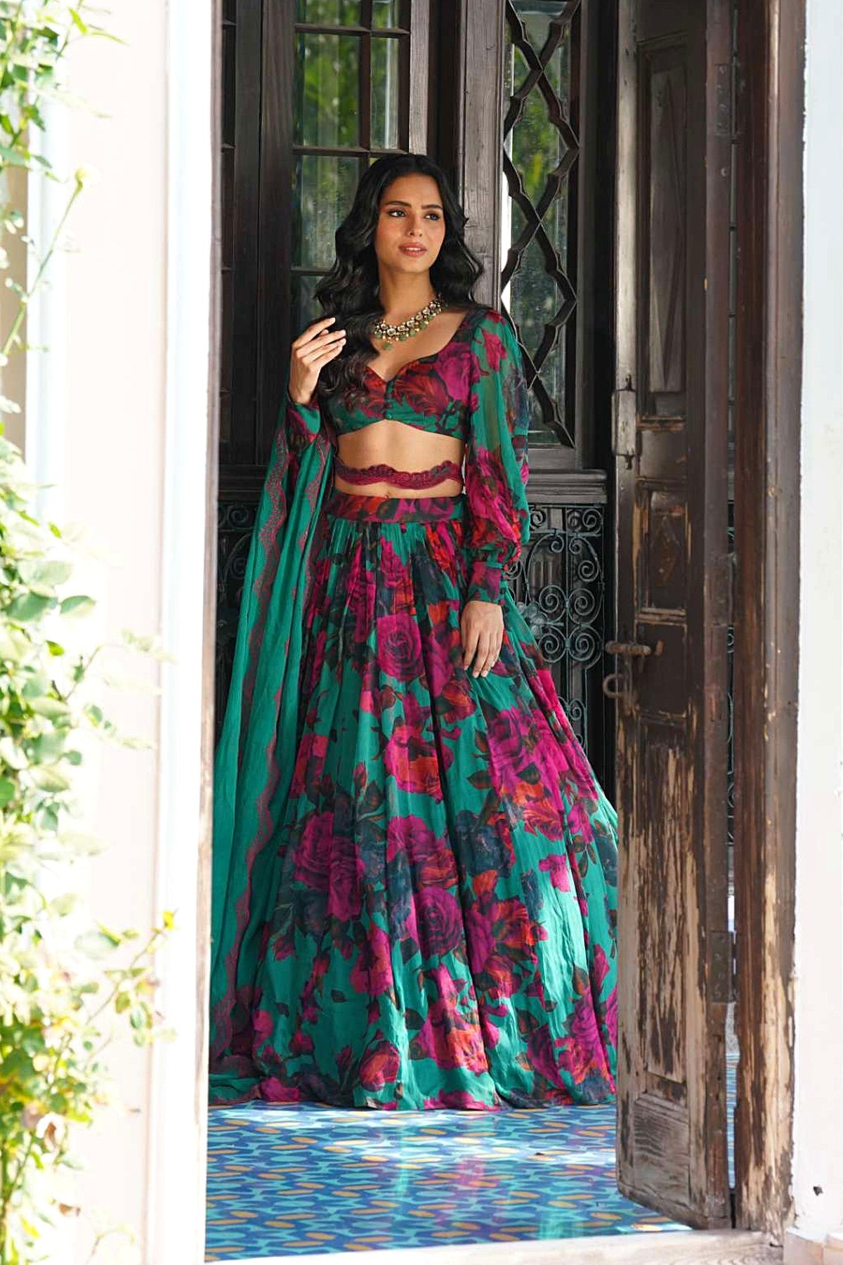 Teal Green Chiffon Floral Lehenga Set