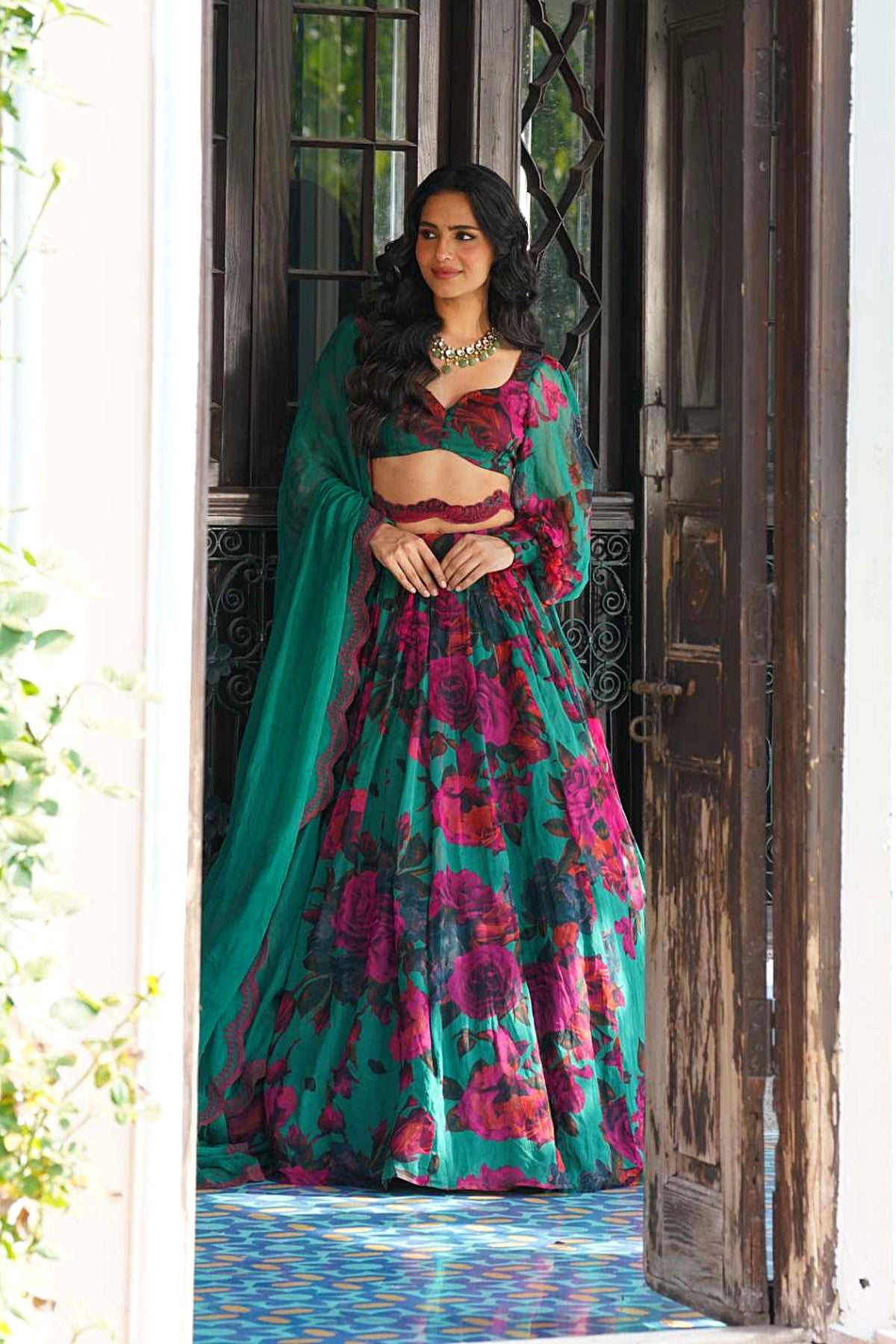 Teal Green Chiffon Floral Lehenga Set