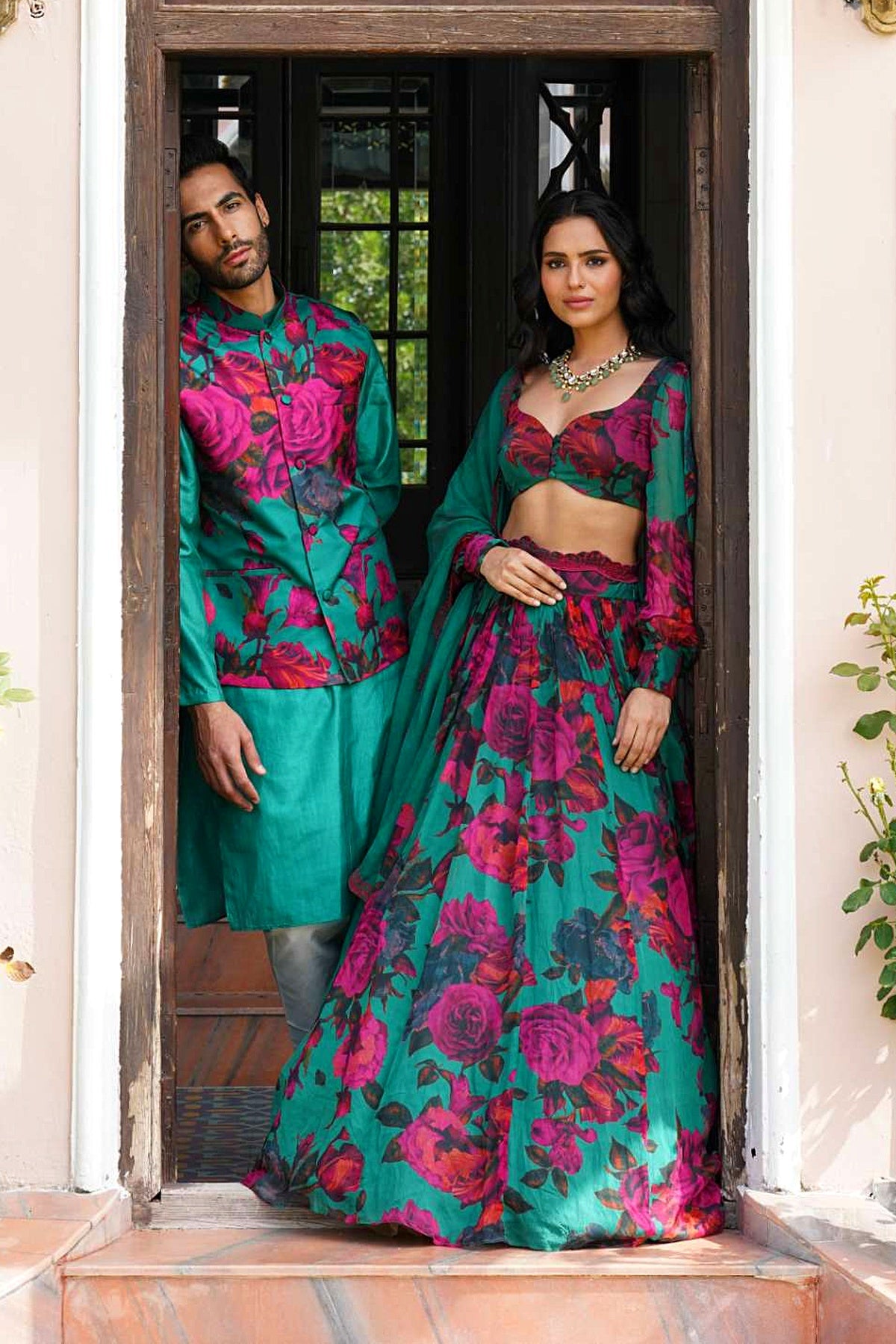 Teal Green Chiffon Floral Lehenga Set