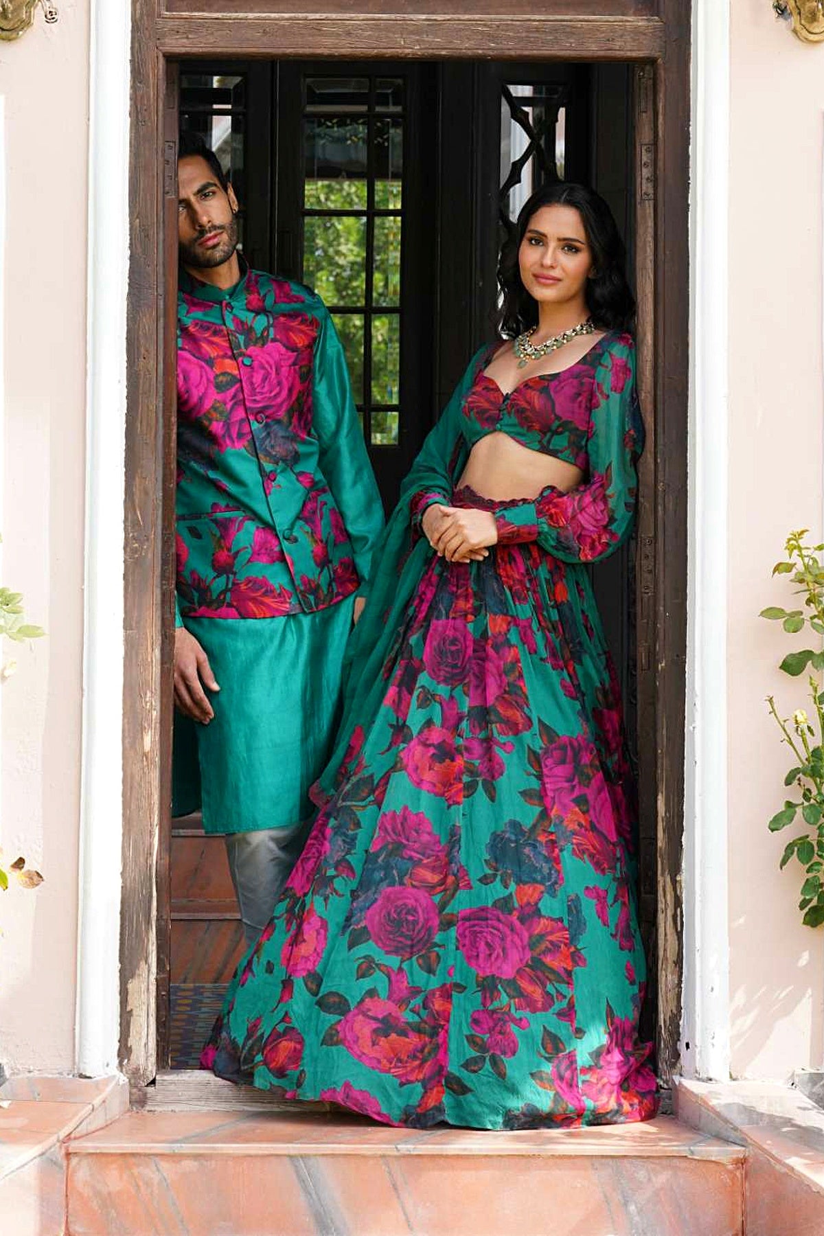 Teal Green Chiffon Floral Lehenga Set