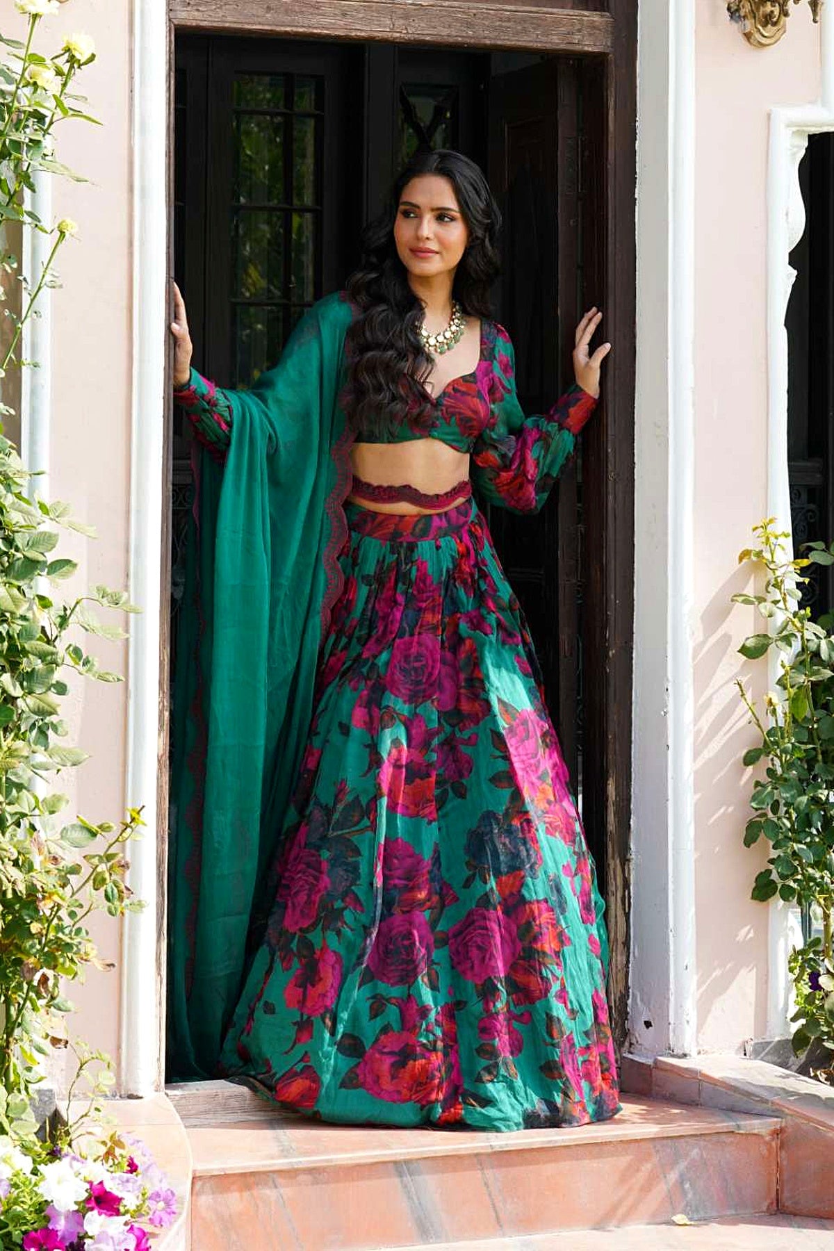Teal Green Chiffon Floral Lehenga Set