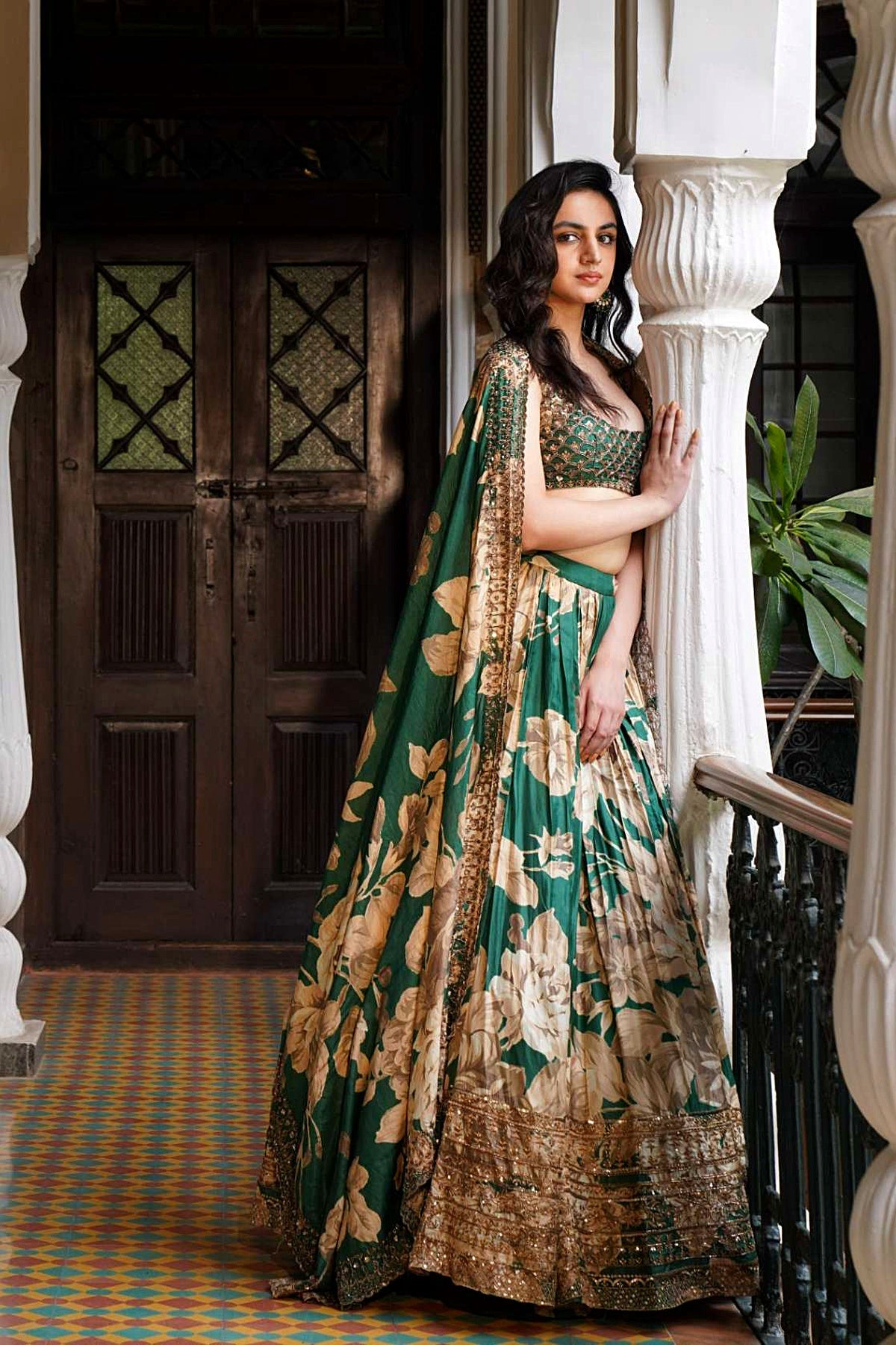 Bottle Green Floral Lehenga Set