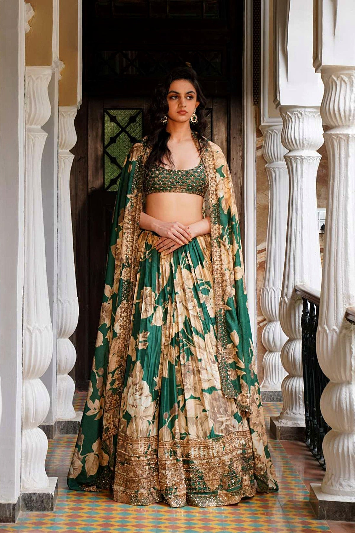 Bottle Green Floral Lehenga Set