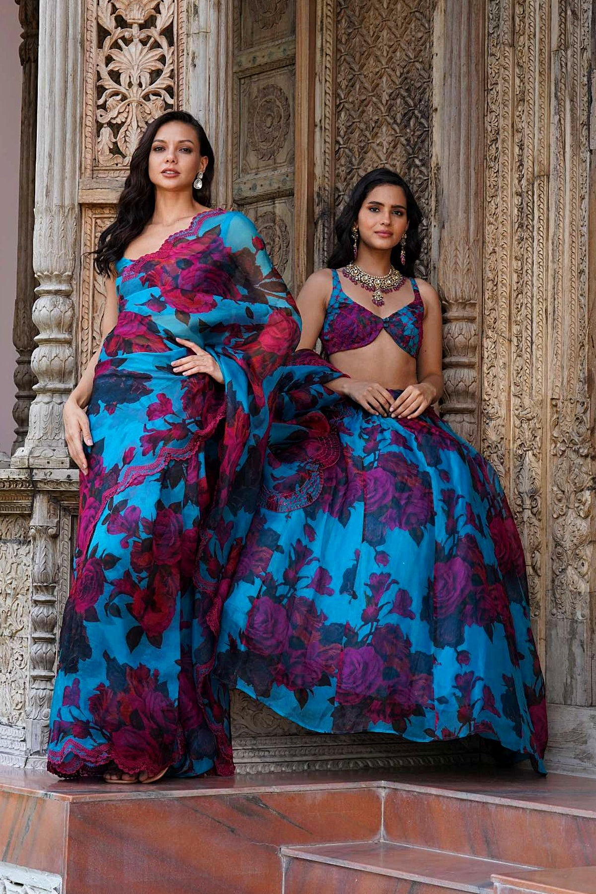 Turquise Floral Saree Set