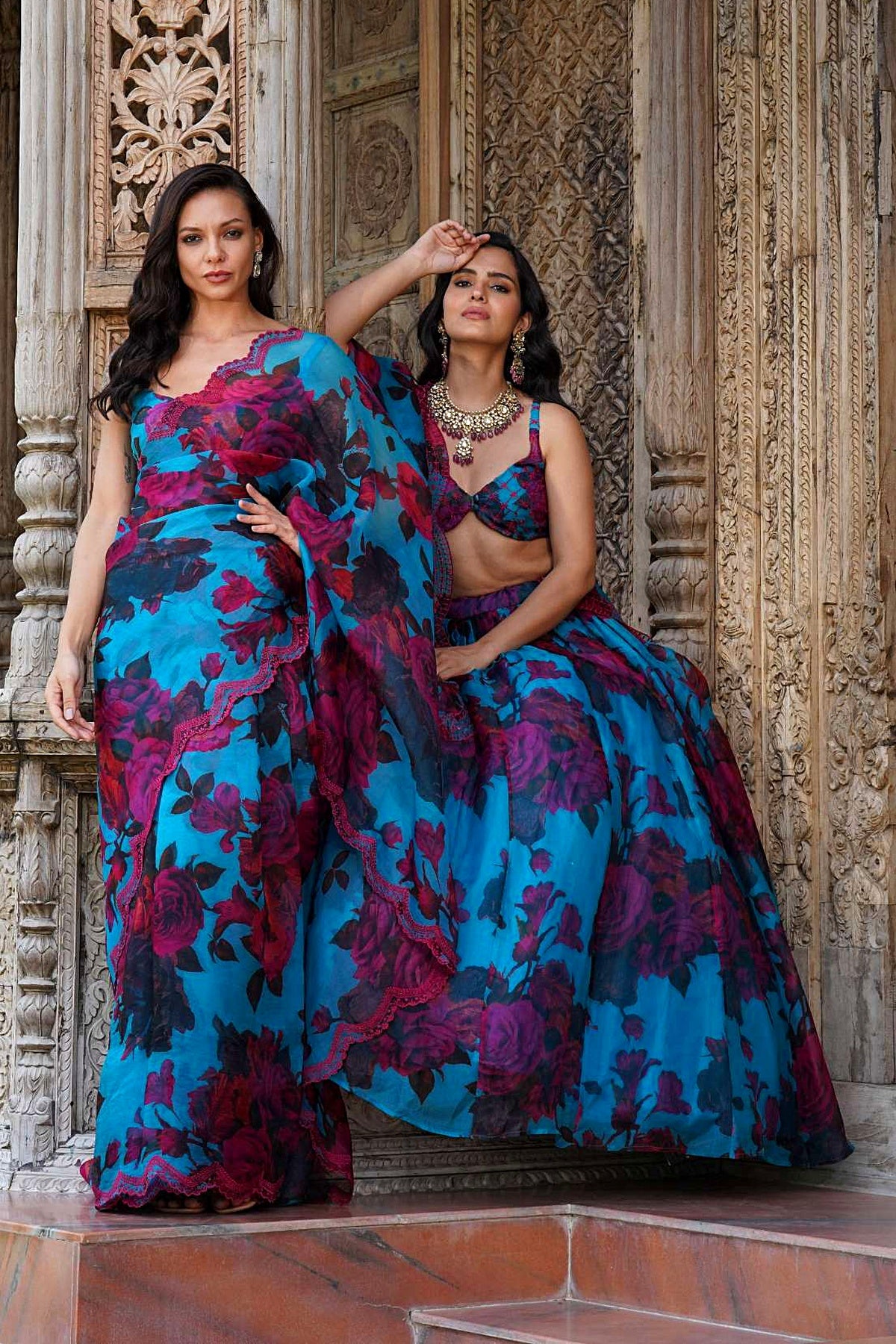 Turquise Floral Saree Set
