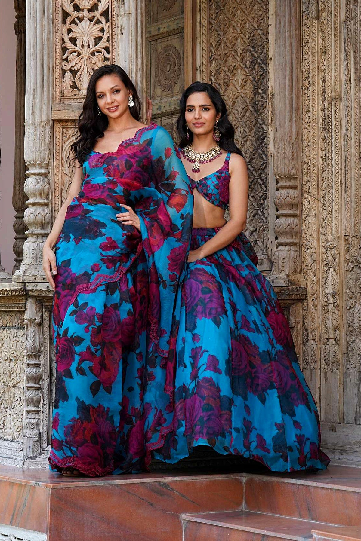 Turquise Floral Saree Set