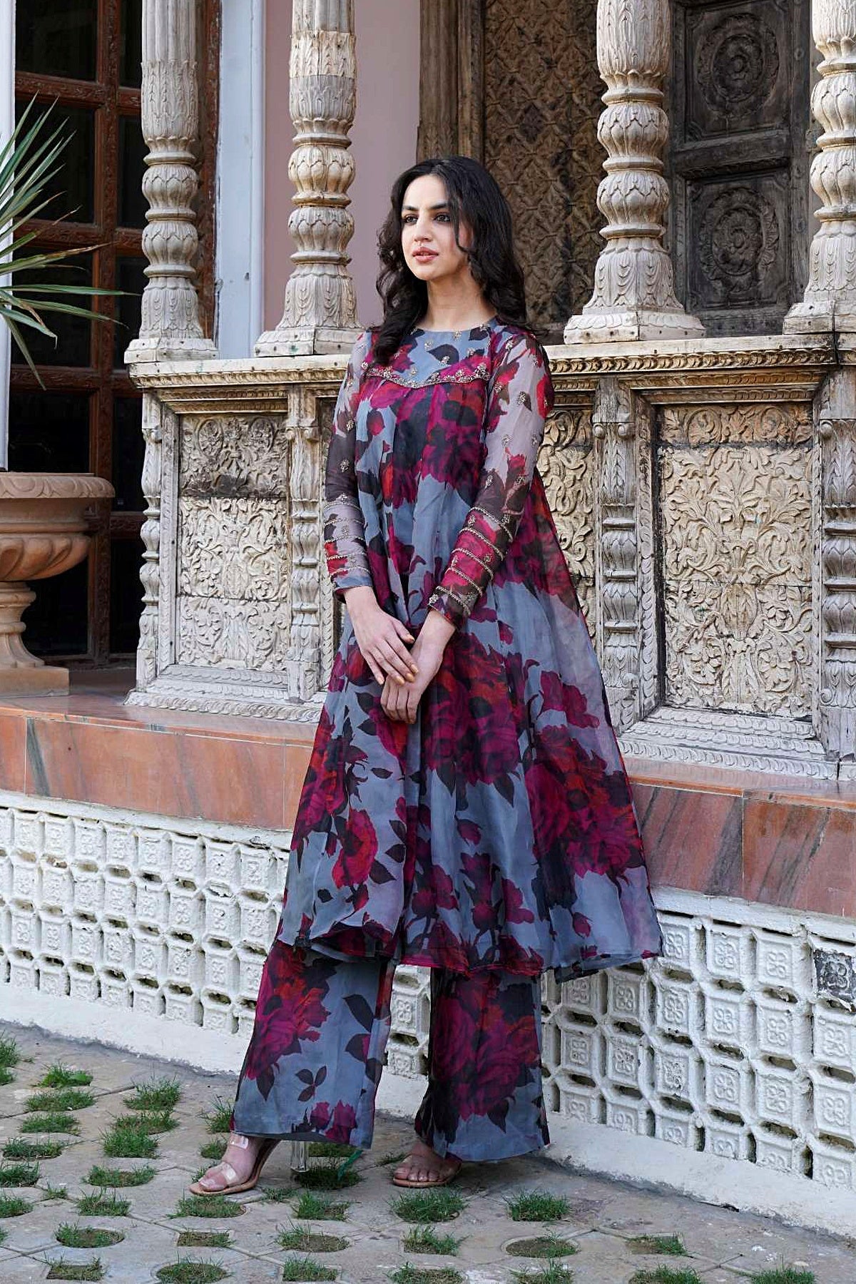 Light Grey Floral A Line Kurti Set