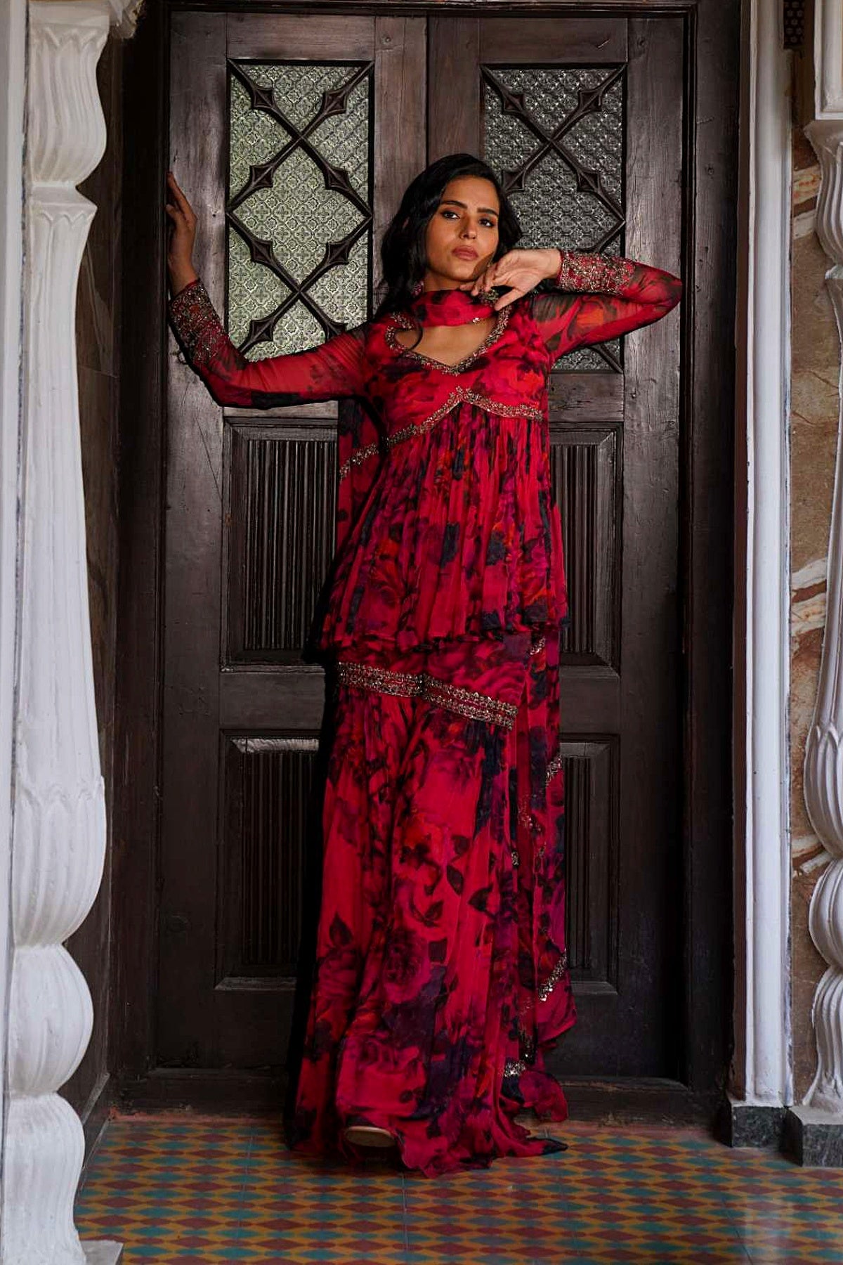 Caramine Chiffon Floral Peplum Set
