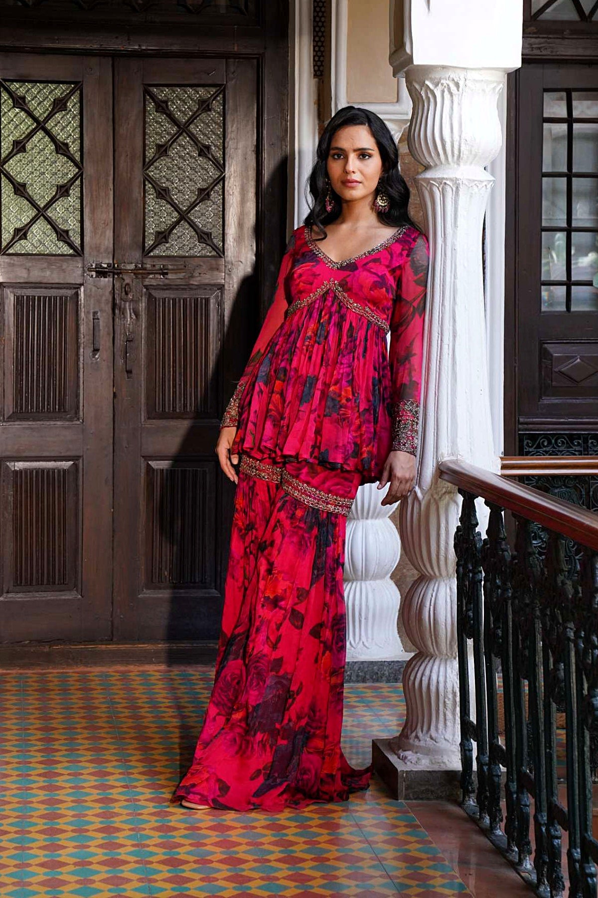 Caramine Chiffon Floral Peplum Set