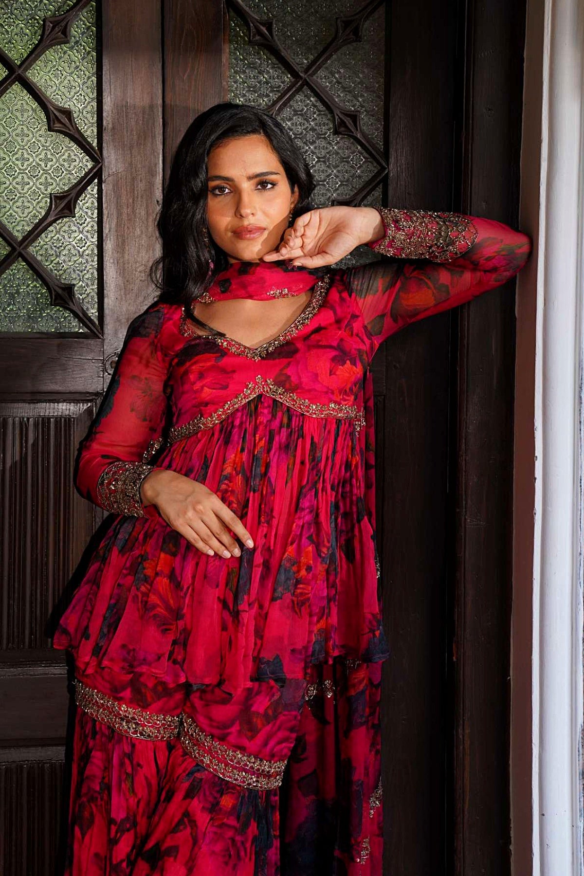 Caramine Chiffon Floral Peplum Set