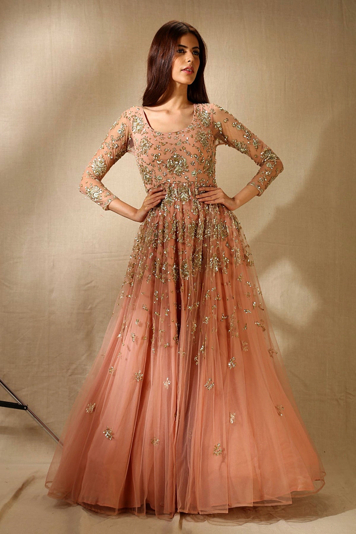 Peach Pink Organza Anarkali Set
