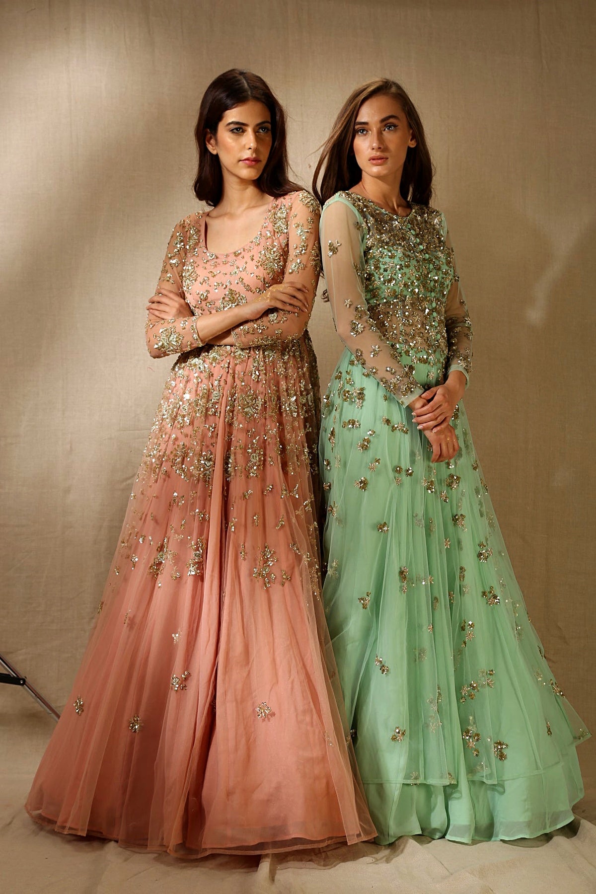 Peach Pink Organza Anarkali Set