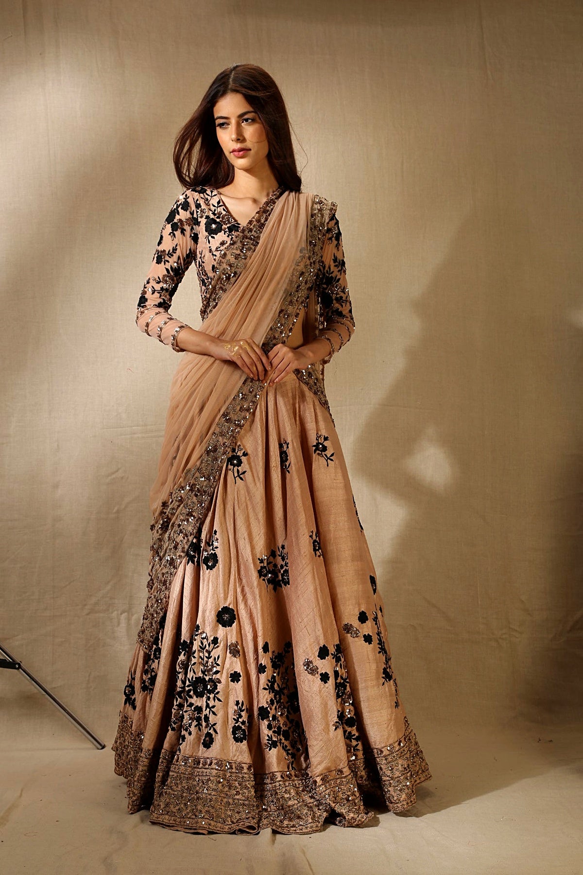 Peach And Black Rawsilk Thread Work Lehenga Set