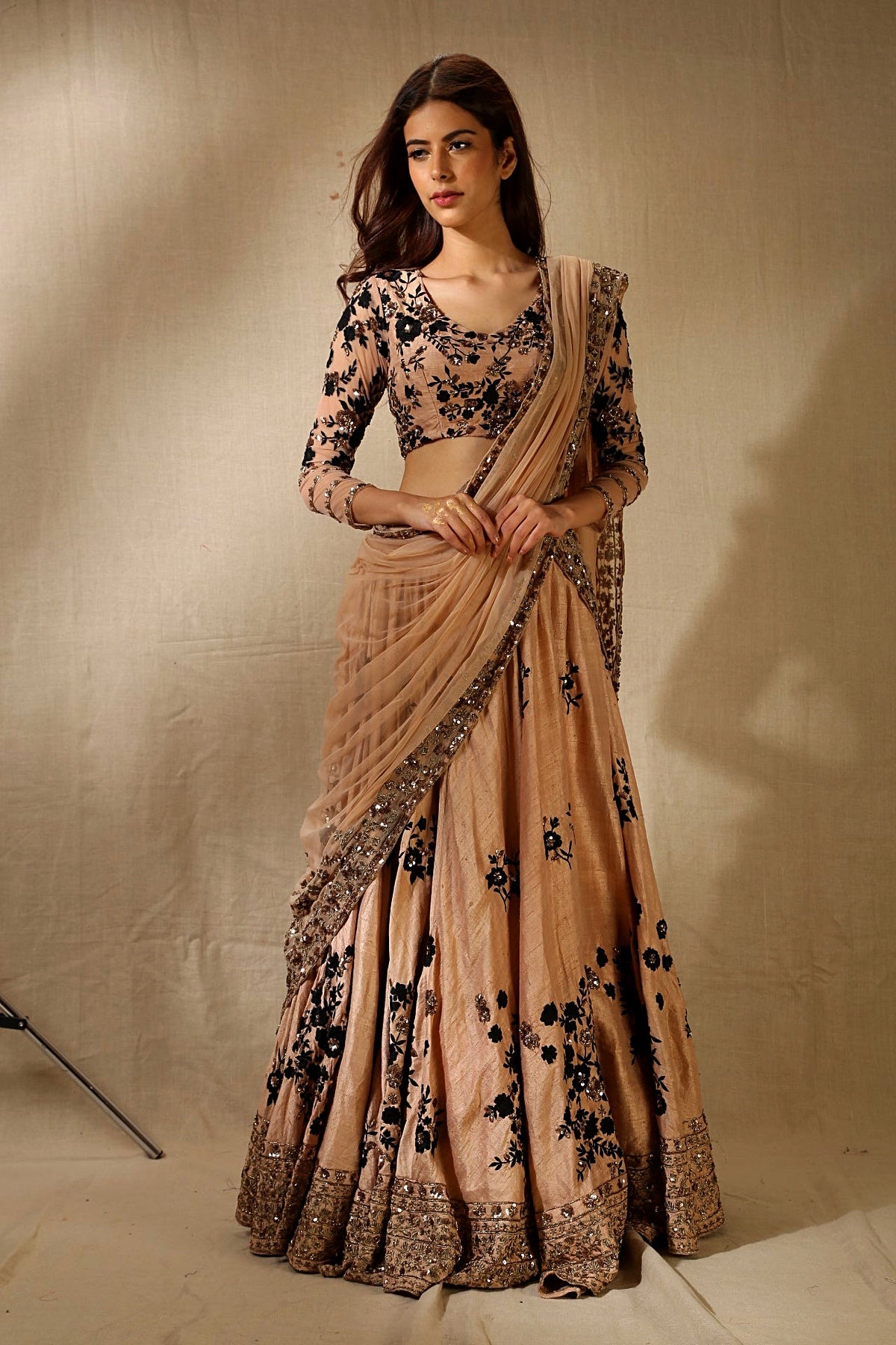 Peach And Black Rawsilk Thread Work Lehenga Set