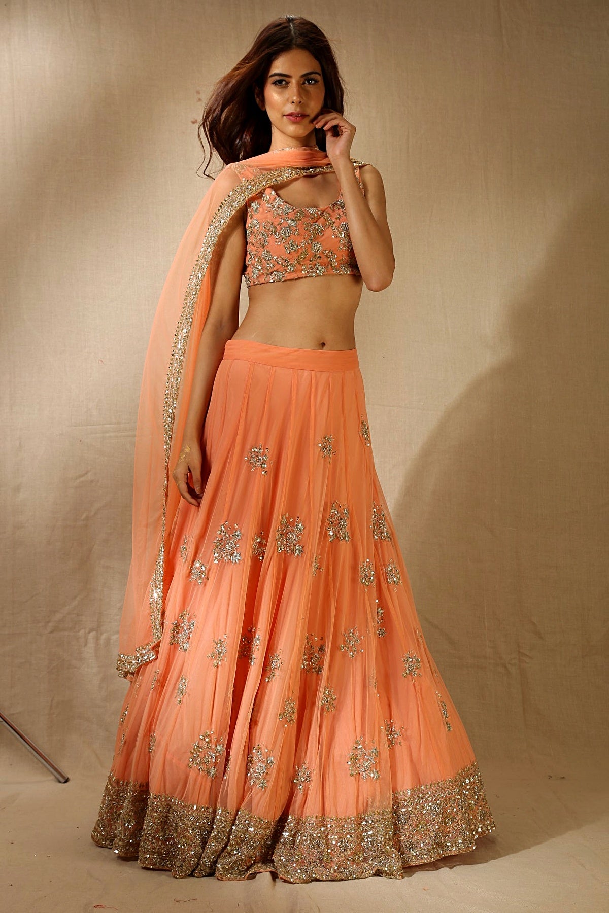 Coral With Gold Bootie Lehenga Set
