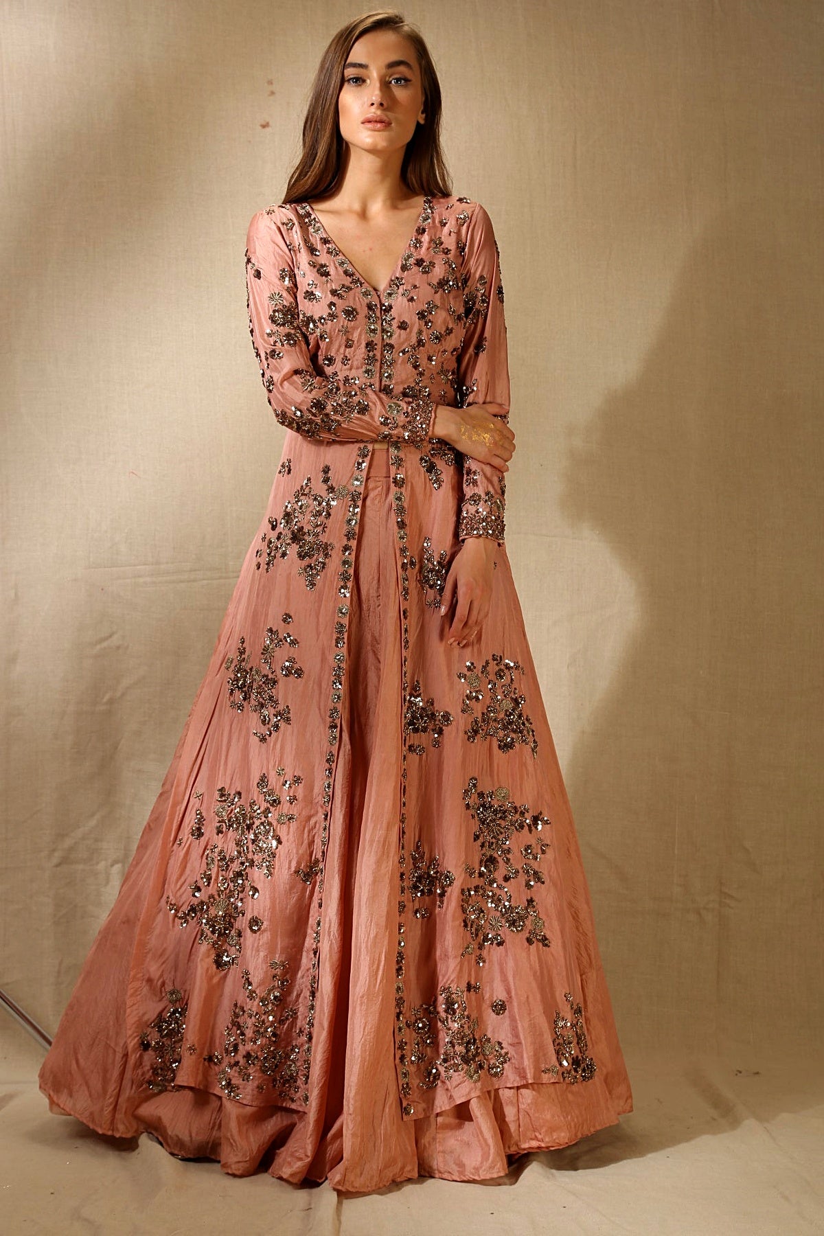 Peach Silk Bootie Work Front Open Jacket Set