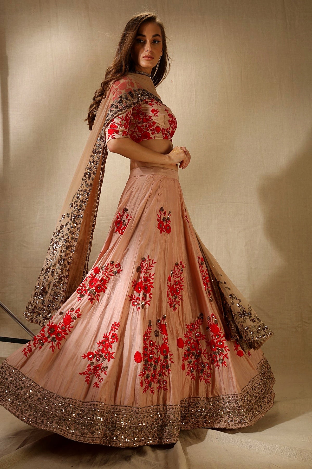 Peach And Red Thread Work Lehenga Set