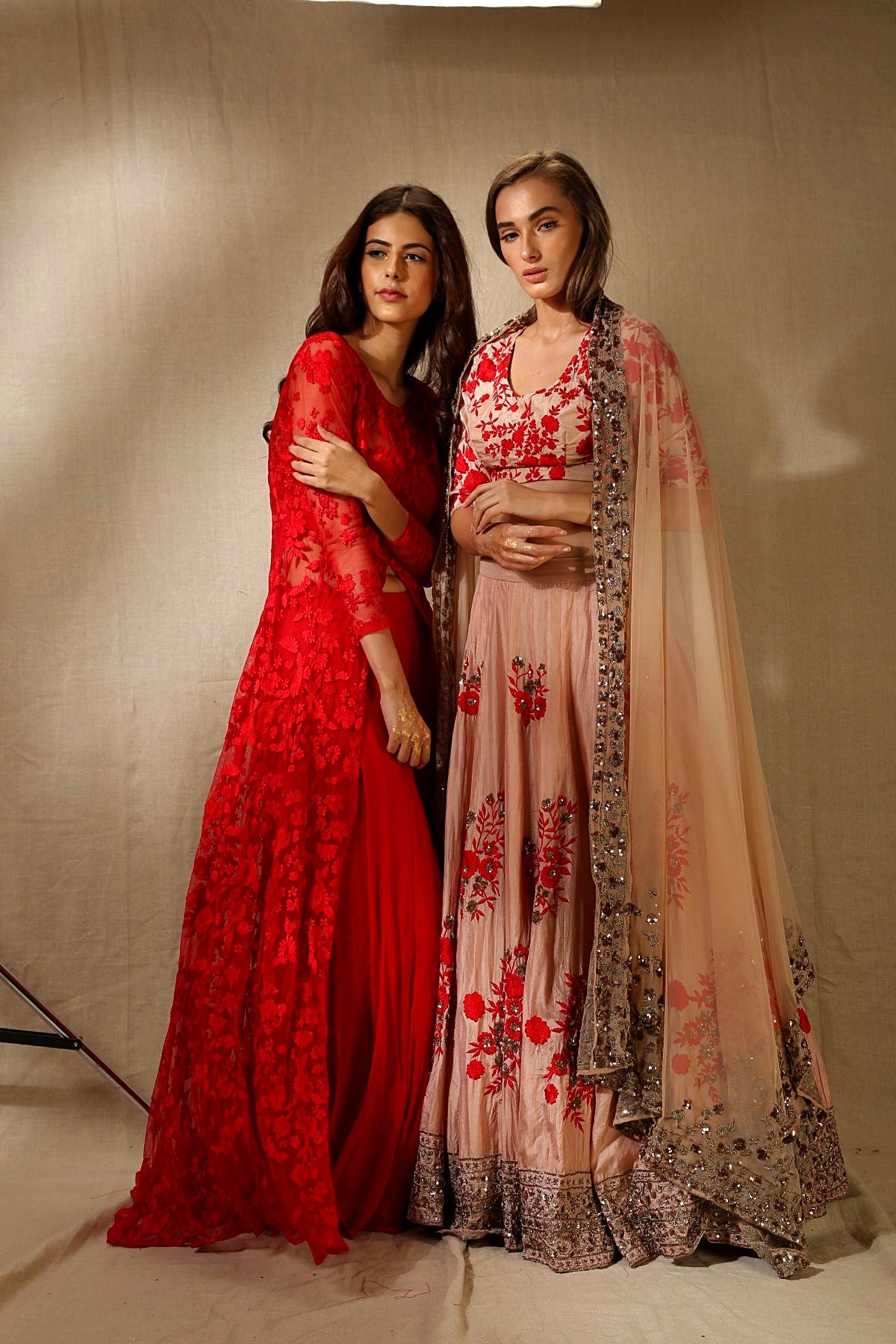 Peach And Red Thread Work Lehenga Set