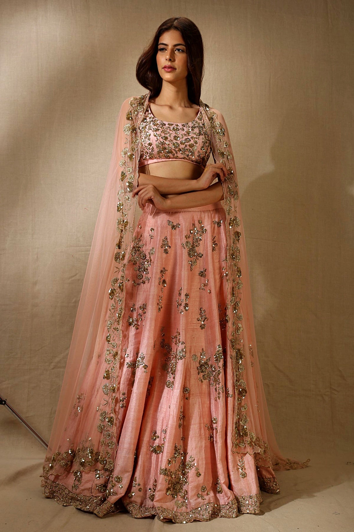 Pink Rawsilk With Gold Sequence Heavy Bootie Work Lehenga Set