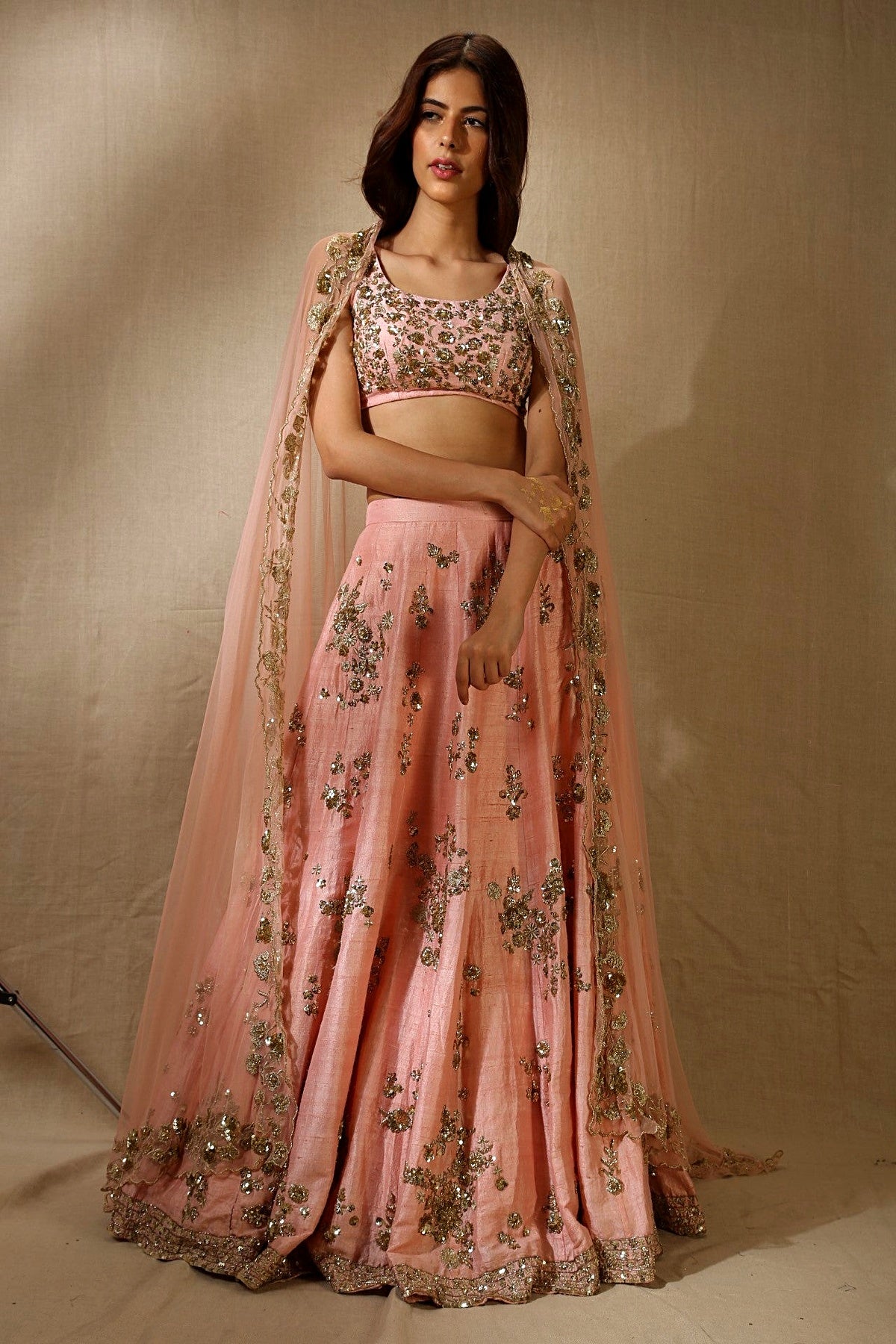 Pink Rawsilk With Gold Sequence Heavy Bootie Work Lehenga Set