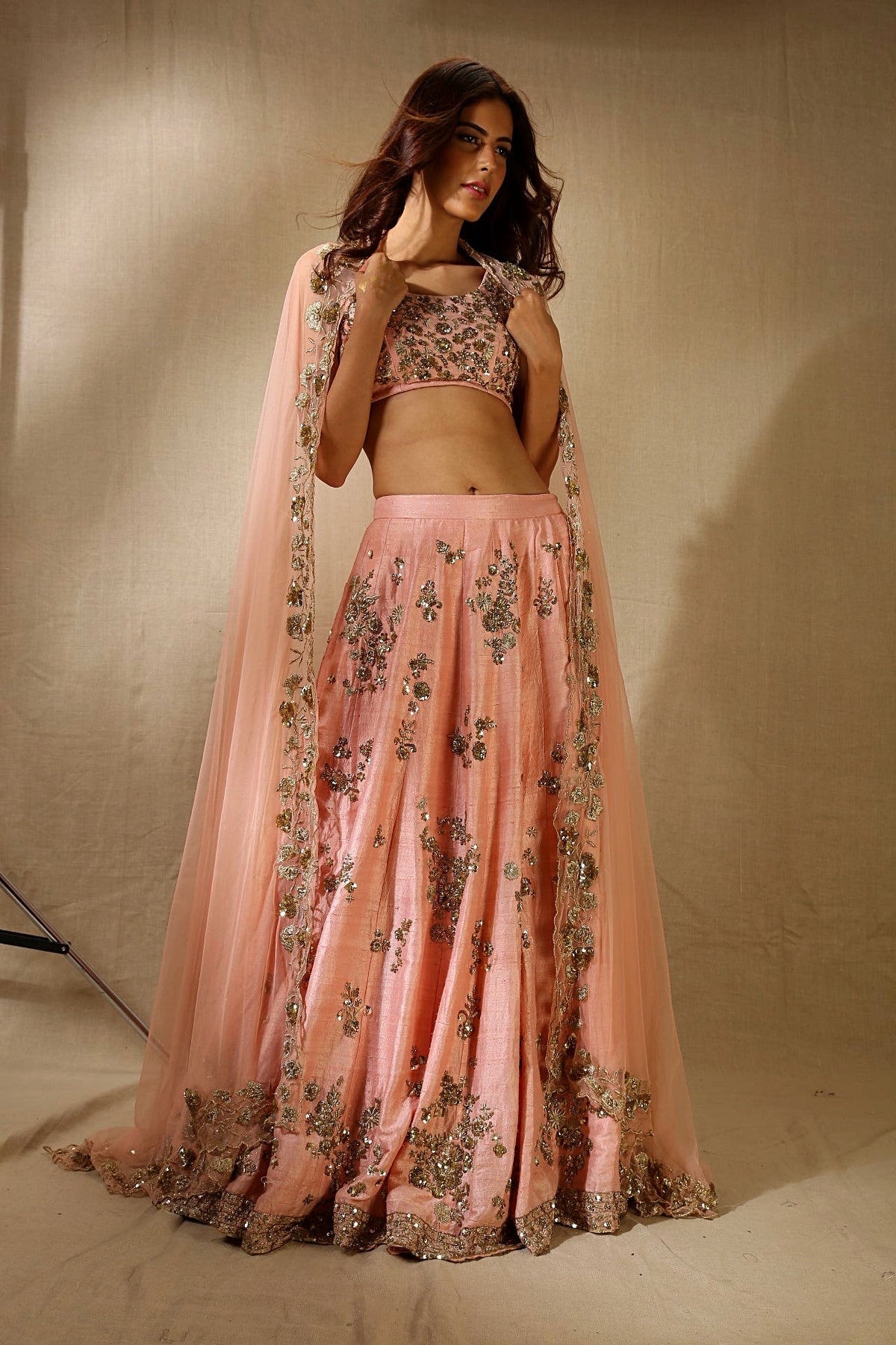 Pink Rawsilk With Gold Sequence Heavy Bootie Work Lehenga Set