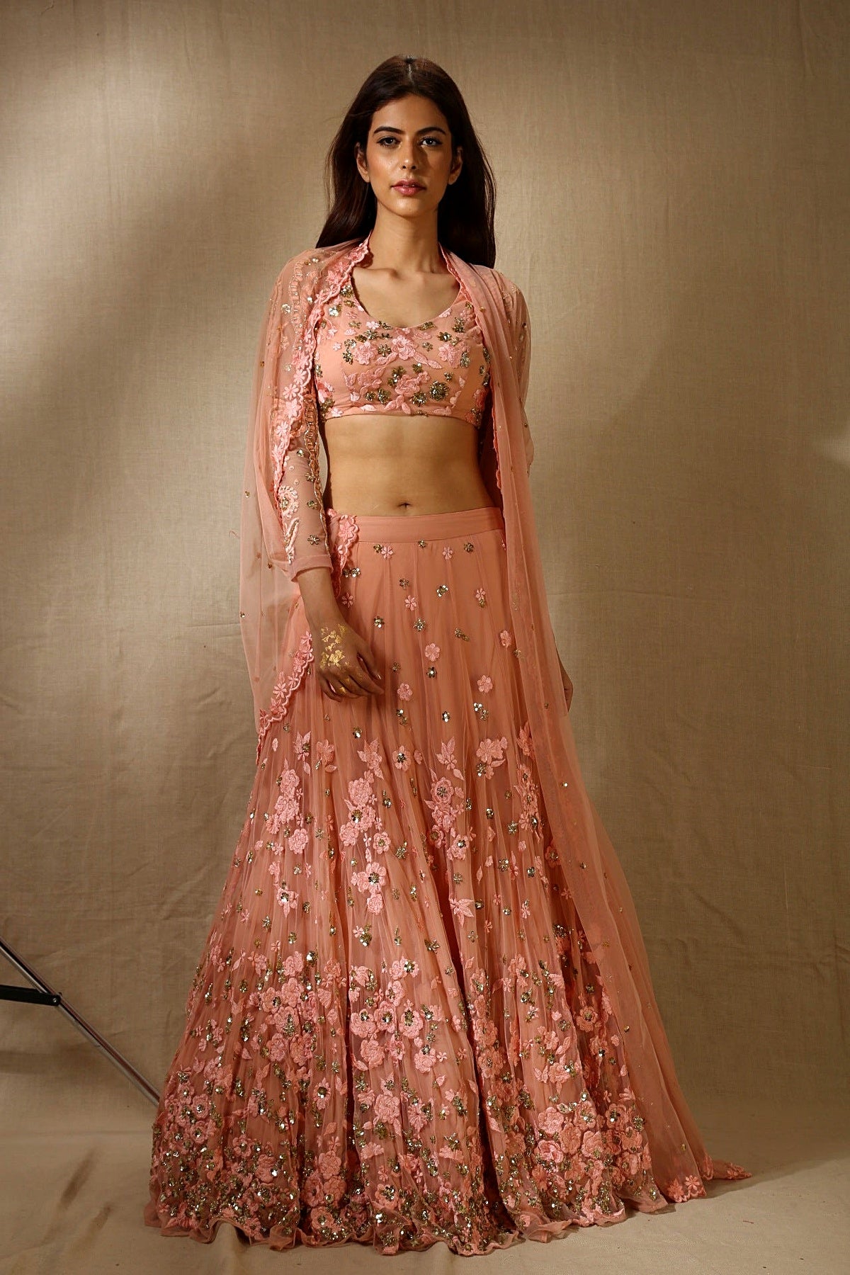 Peach Pink With Gold Flower Thread Work Lehenga Set